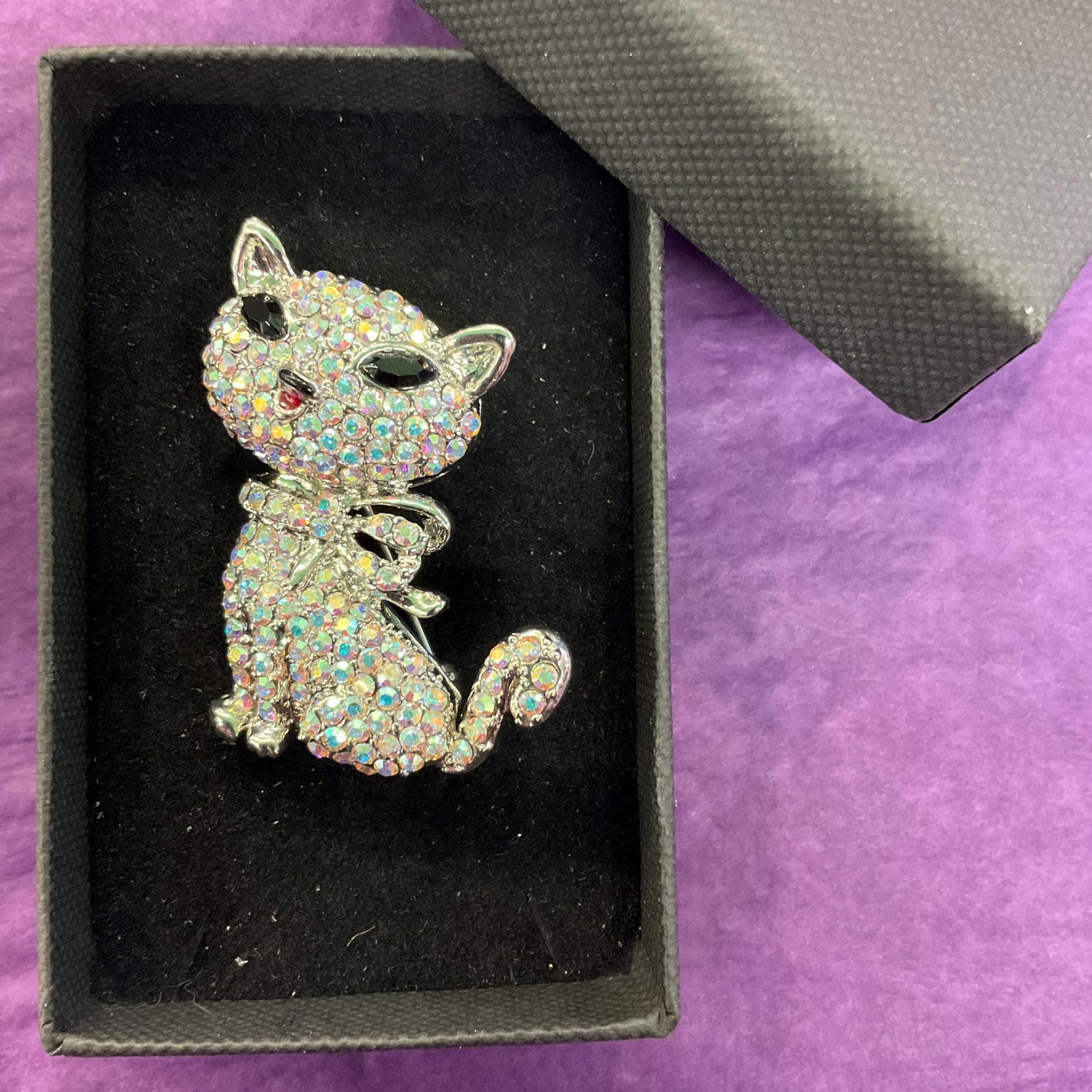 Vintage Butler and Wilson Silver Crystal Pussycat Brooch, silver tone with Aurora Borealis rhinestones, Signed as new