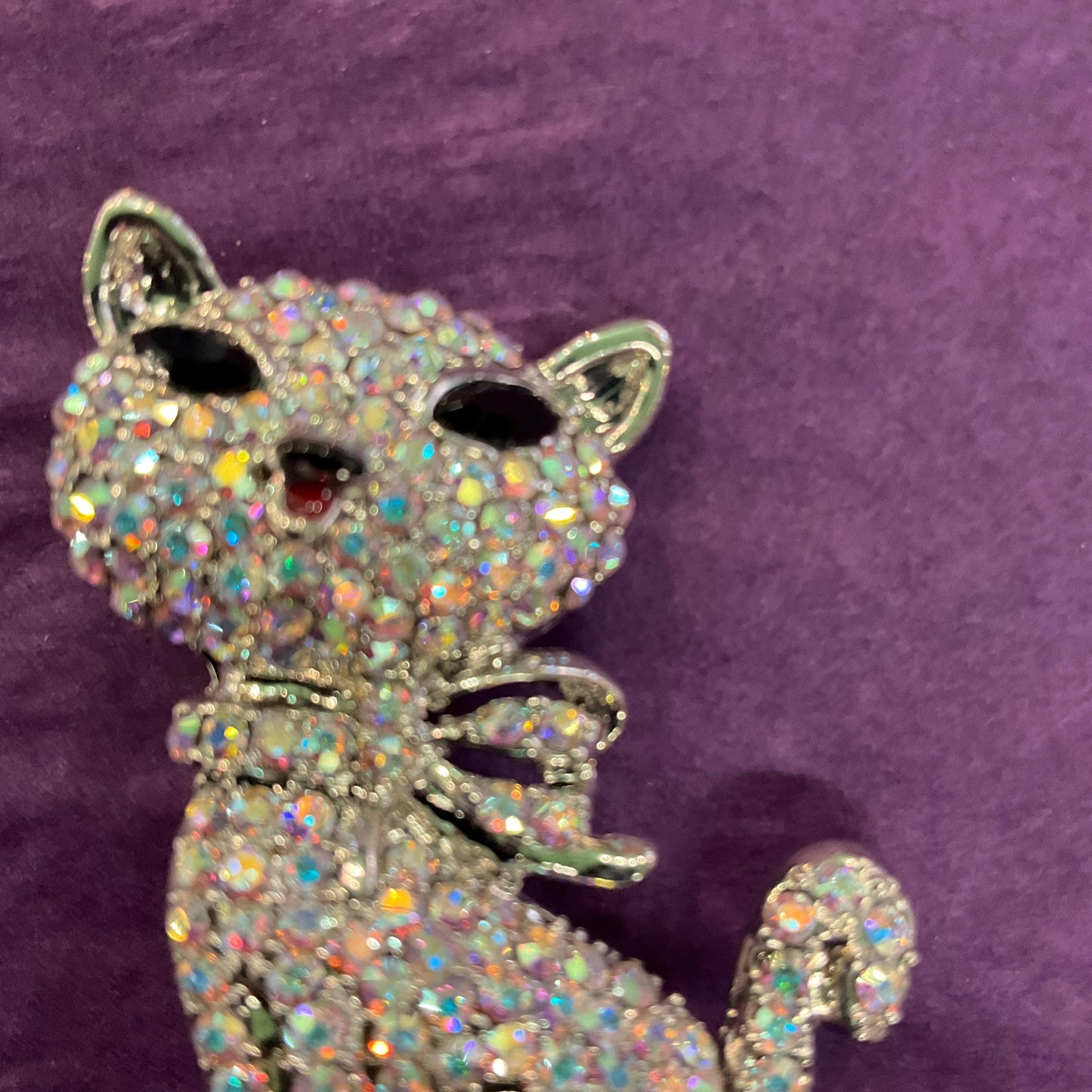 Vintage Butler and Wilson Silver Crystal Pussycat Brooch, silver tone with Aurora Borealis rhinestones, Signed as new