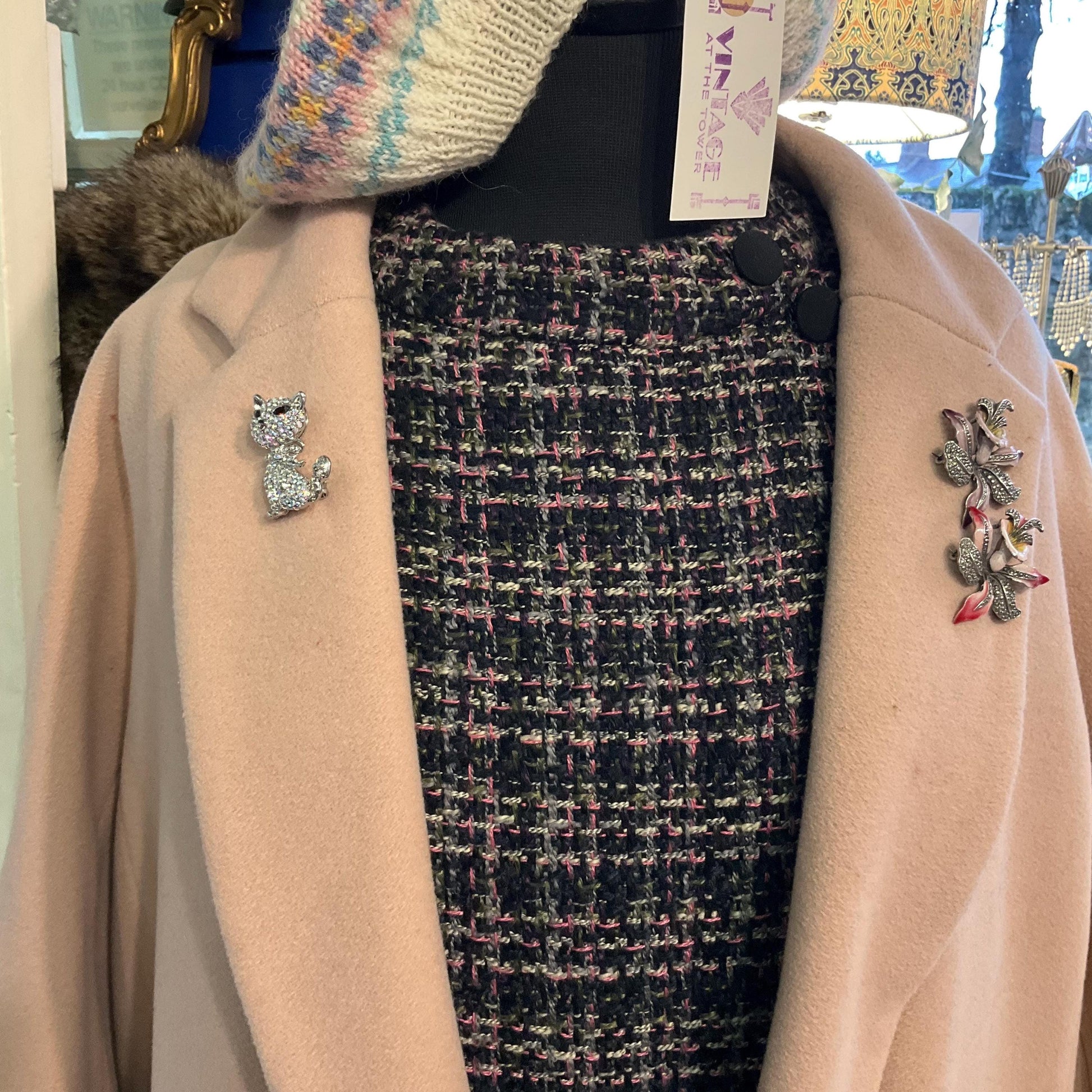 Vintage Butler and Wilson Silver Crystal Pussycat Brooch, silver tone with Aurora Borealis rhinestones, Signed as new