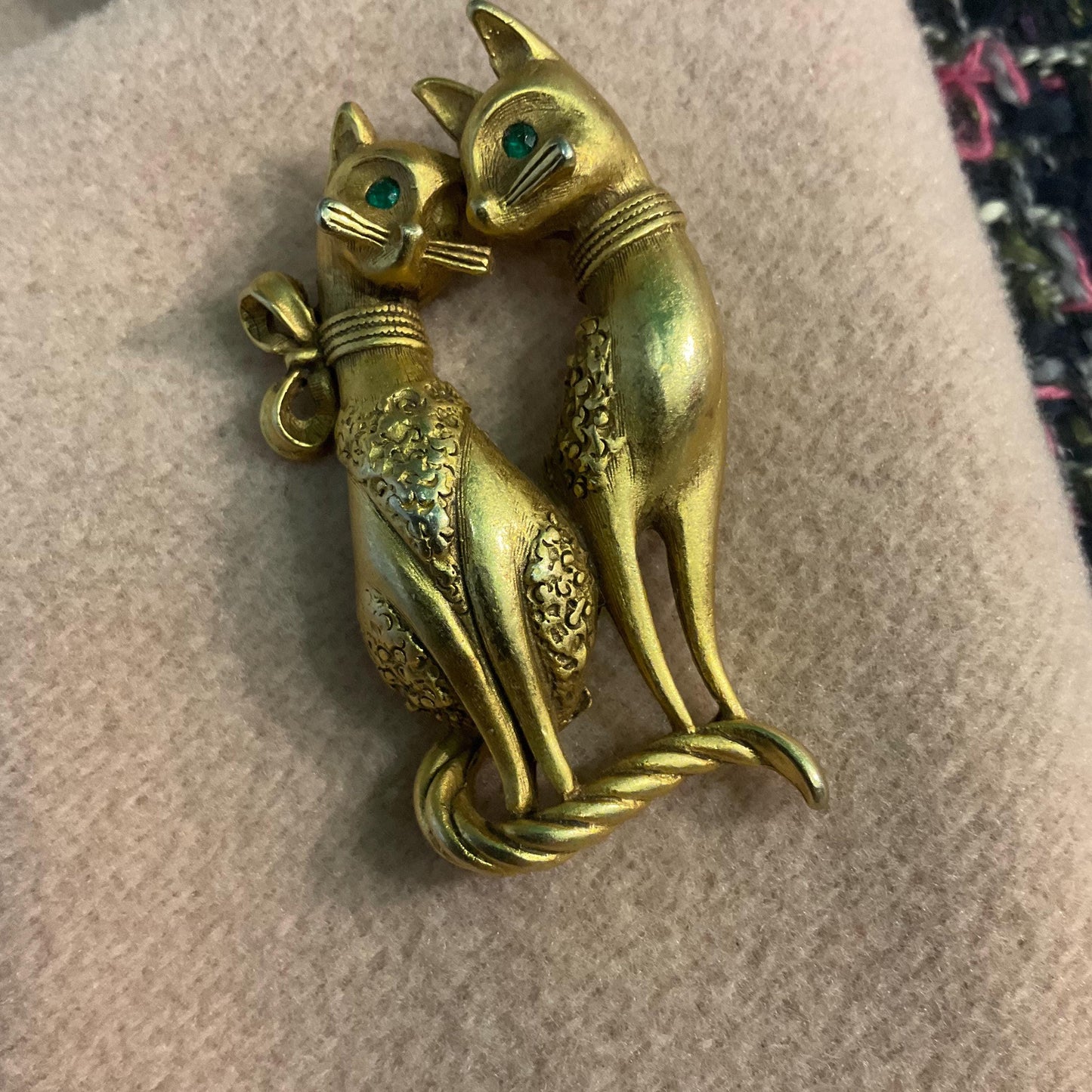 Vintage Butler and Wilson Gold Cat Lovers Brooch, Matt gold tone with Green rhinestones, signed as new