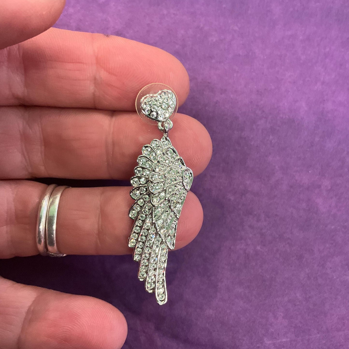 Vintage Butler and Wilson Silver Crystal Angel Wing Drop Earrings , silver tone with silver rhinestones, signed as new