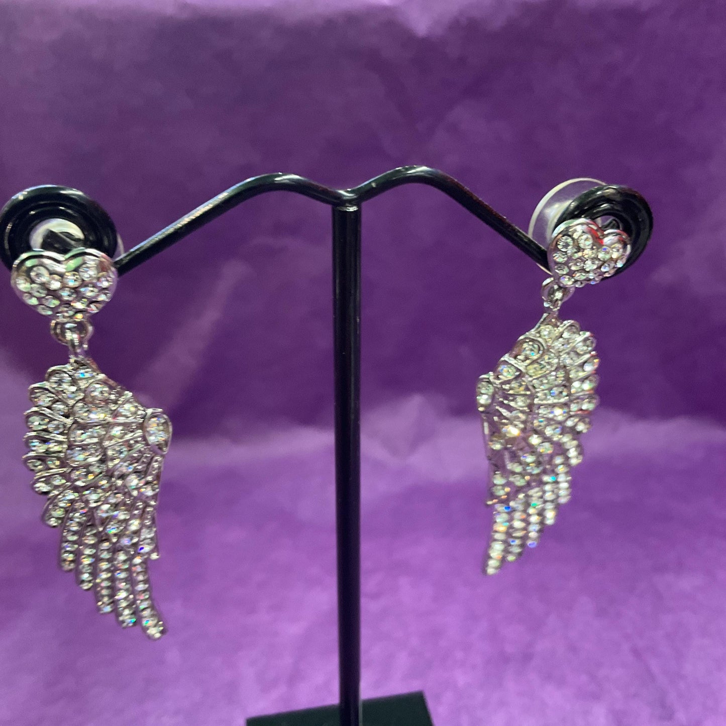 Vintage Butler and Wilson Silver Crystal Angel Wing Drop Earrings , silver tone with silver rhinestones, signed as new