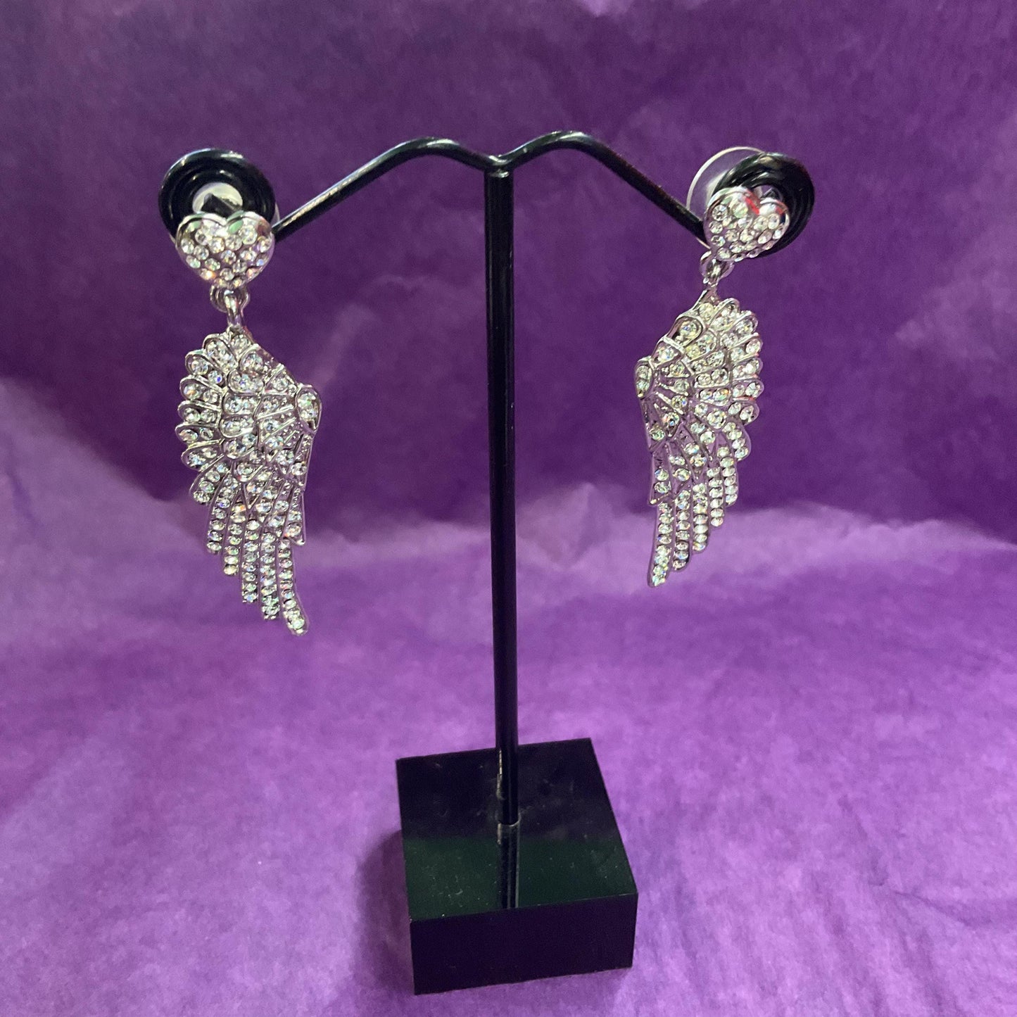 Vintage Butler and Wilson Silver Crystal Angel Wing Drop Earrings , silver tone with silver rhinestones, signed as new