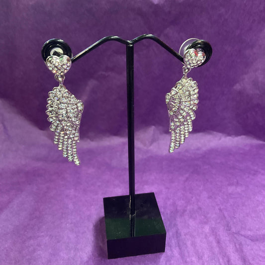 Vintage Butler and Wilson Silver Crystal Angel Wing Drop Earrings , silver tone with silver rhinestones, signed as new