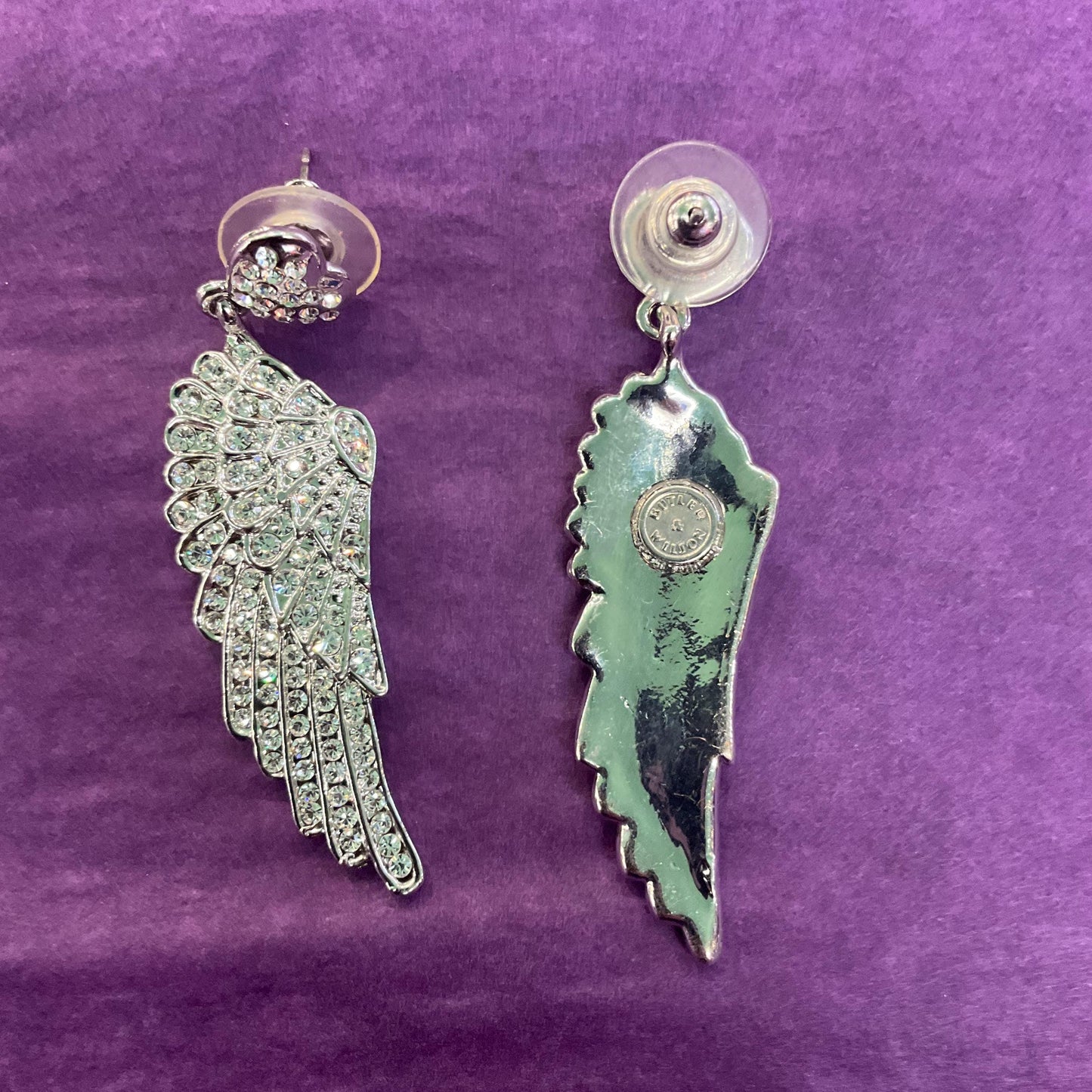 Vintage Butler and Wilson Silver Crystal Angel Wing Drop Earrings , silver tone with silver rhinestones, signed as new