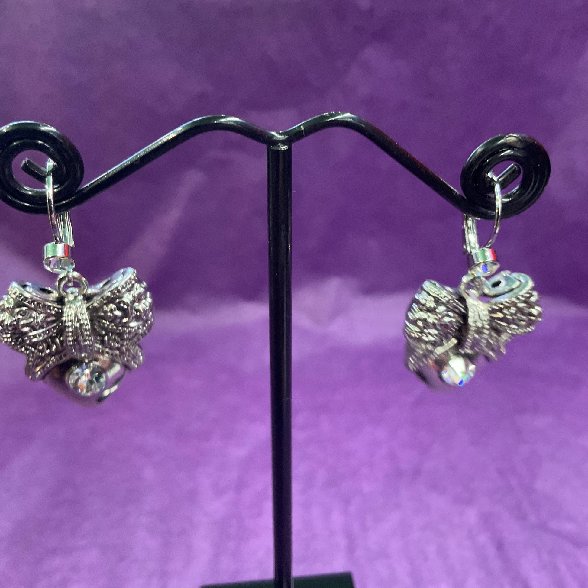 Vintage Butler and Wilson Silver Heart and Bow Crystal Drop Earrings, silver tone with silver crystal, signed as new