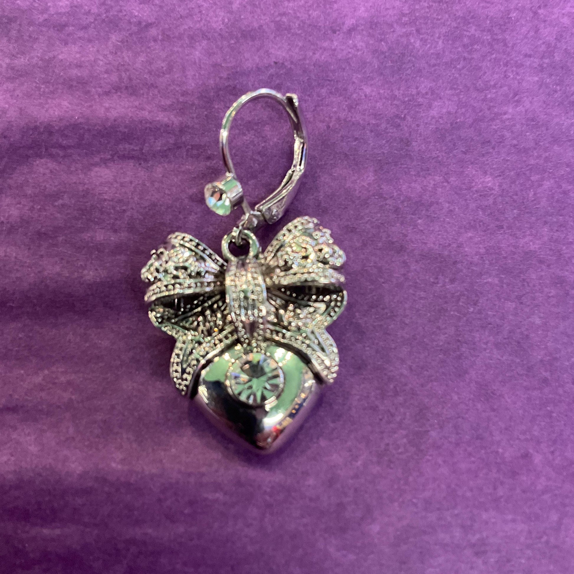 Vintage Butler and Wilson Silver Heart and Bow Crystal Drop Earrings, silver tone with silver crystal, signed as new