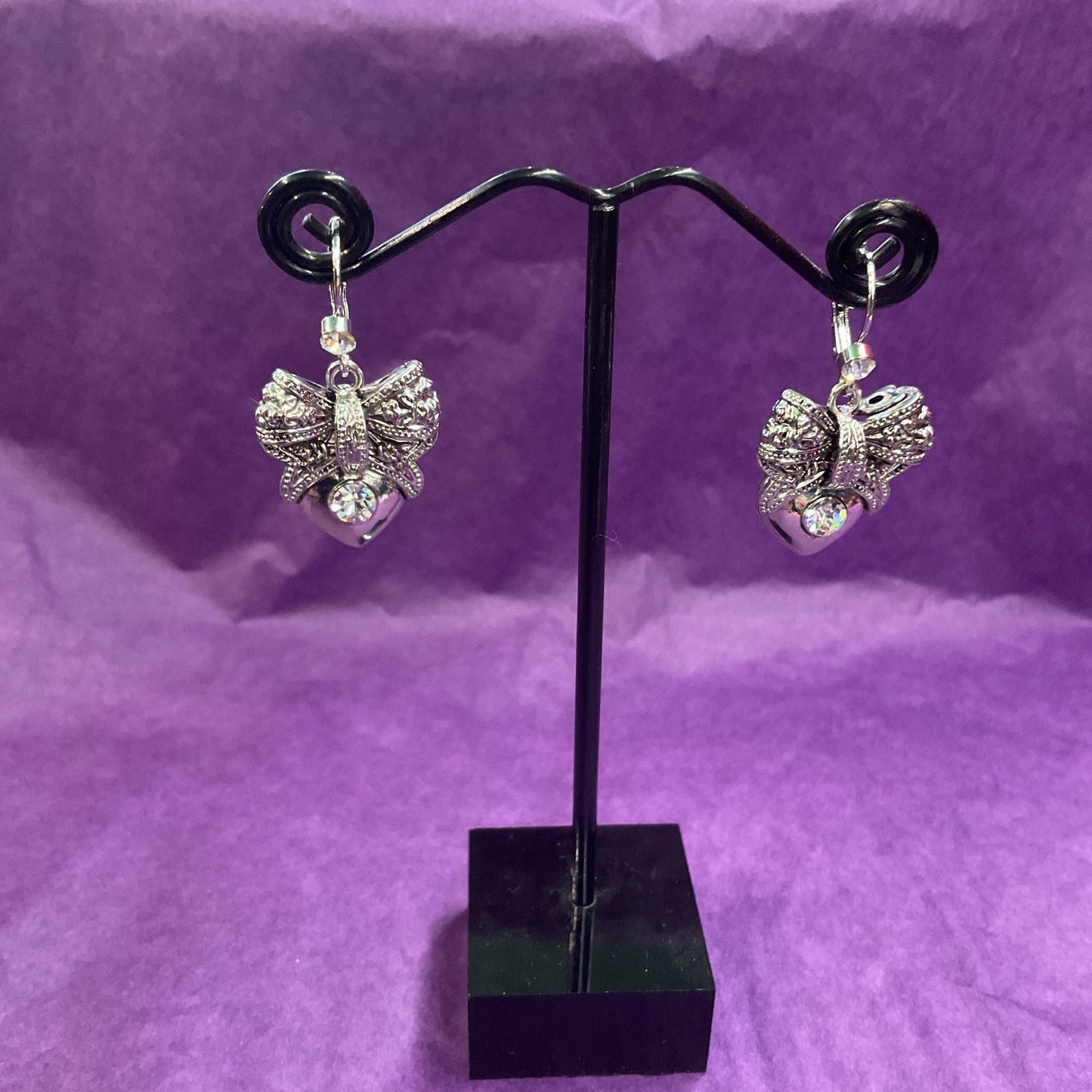 Vintage Butler and Wilson Silver Heart and Bow Crystal Drop Earrings, silver tone with silver crystal, signed as new