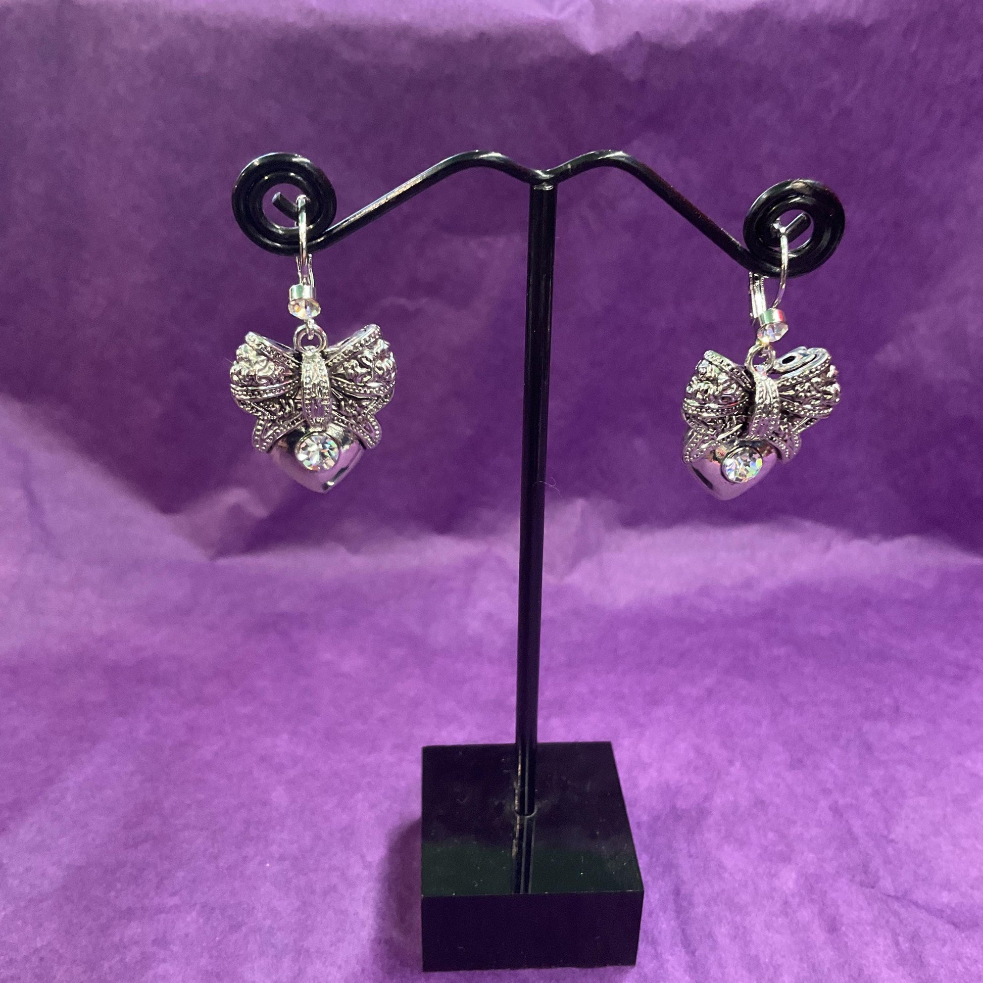Vintage Butler and Wilson Silver Heart and Bow Crystal Drop Earrings, silver tone with silver crystal, signed as new