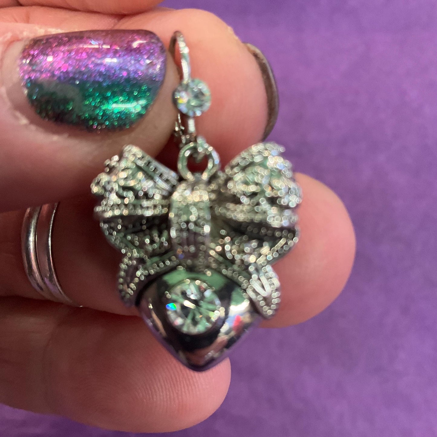 Vintage Butler and Wilson Silver Heart and Bow Crystal Drop Earrings, silver tone with silver crystal, signed as new