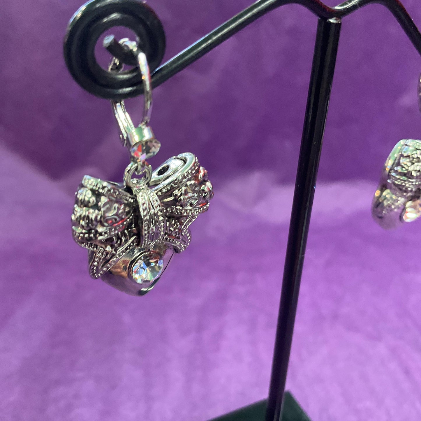 Vintage Butler and Wilson Silver Heart and Bow Crystal Drop Earrings, silver tone with silver crystal, signed as new