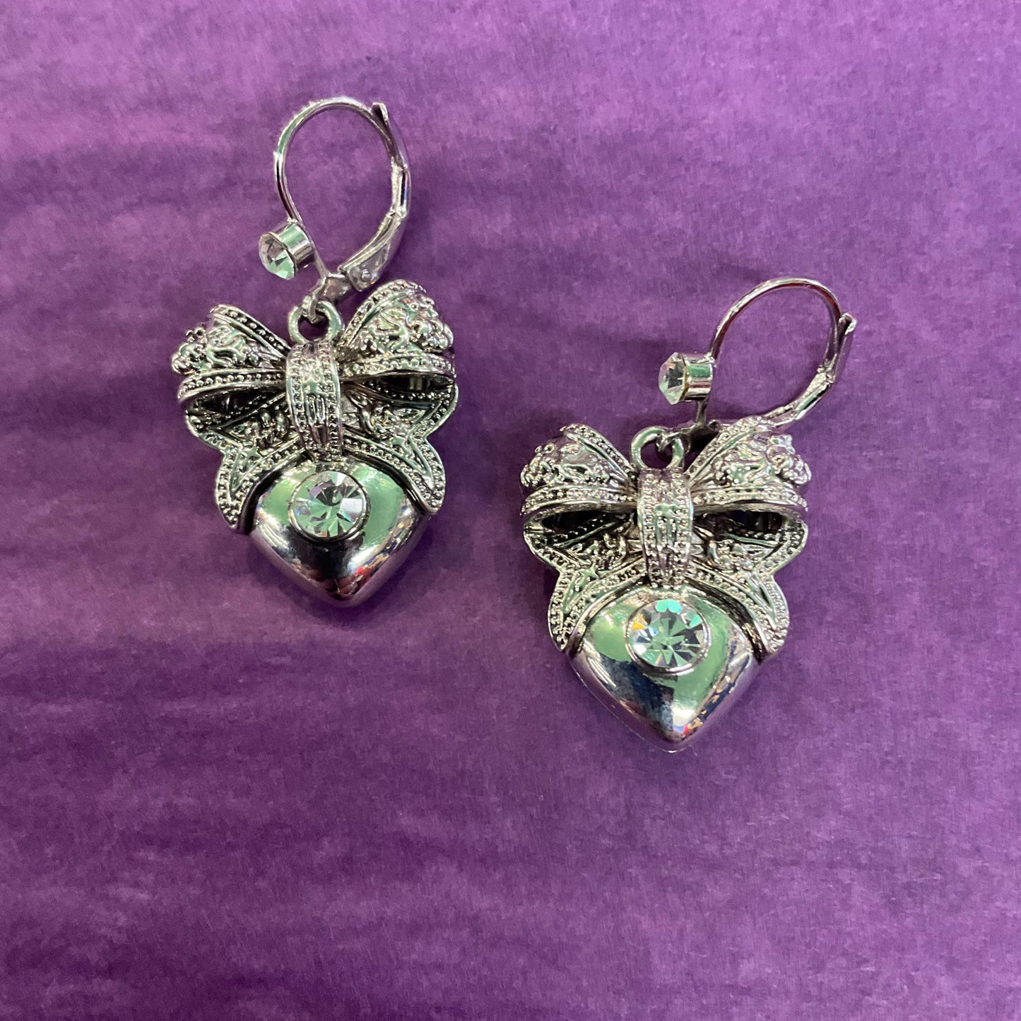 Vintage Butler and Wilson Silver Heart and Bow Crystal Drop Earrings, silver tone with silver crystal, signed as new