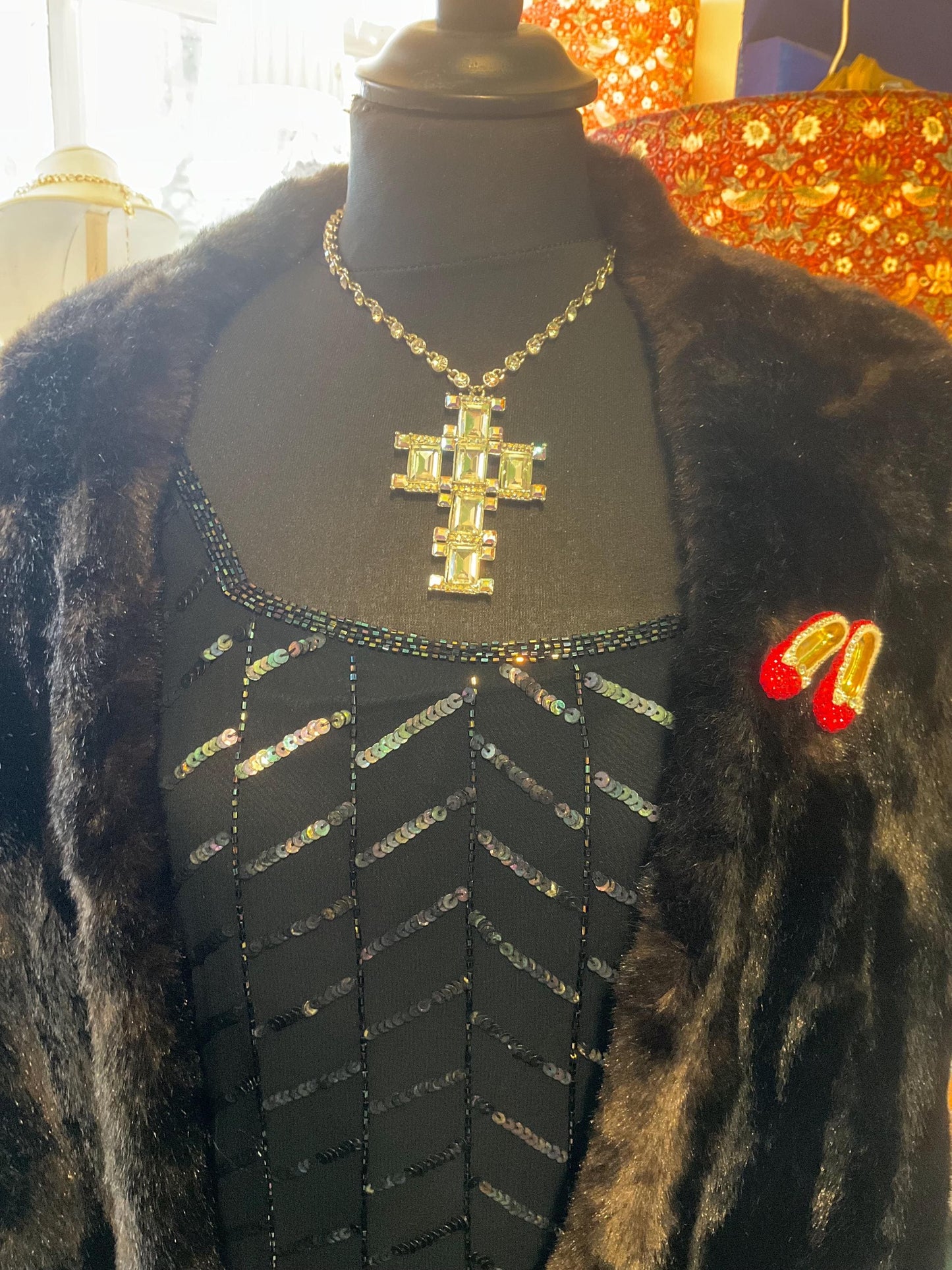 Vintage Butler and Wilson Crystal Dorothy Shoes large brooch in gold tone metal, red and silver rhinestones