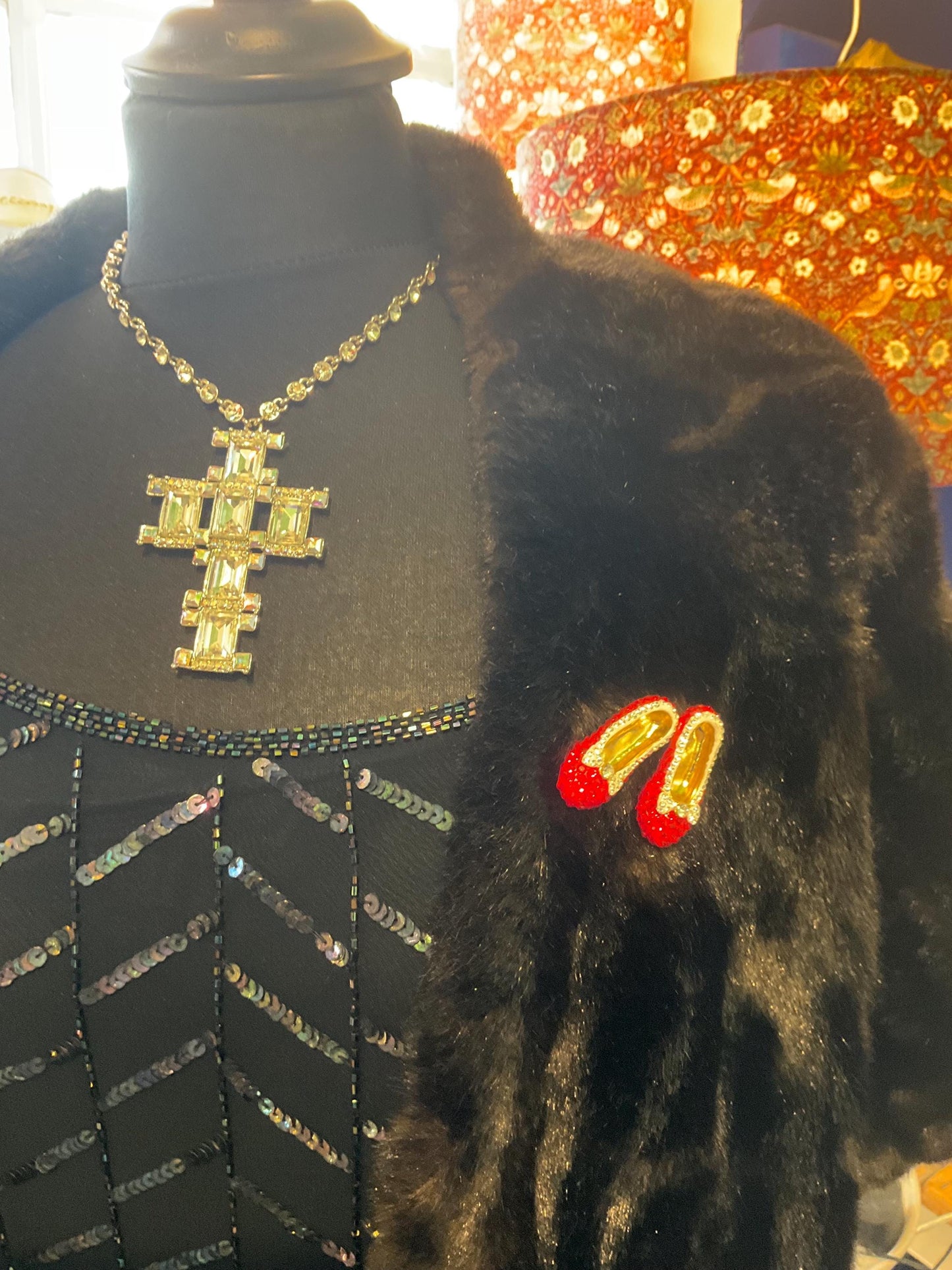 Vintage Butler and Wilson Crystal Dorothy Shoes large brooch in gold tone metal, red and silver rhinestones