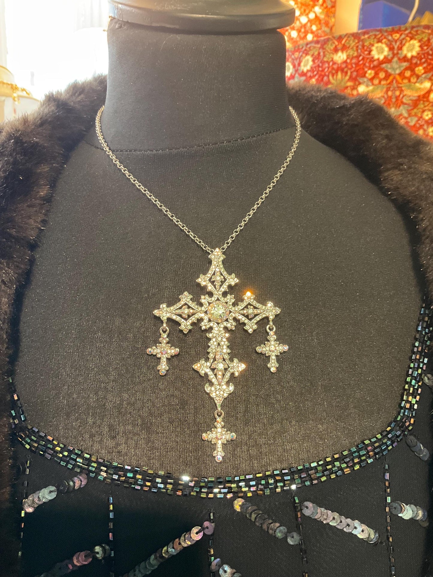 Vintage Butler and Wilson Silver Ornate Crystal Cross Statement Pendant