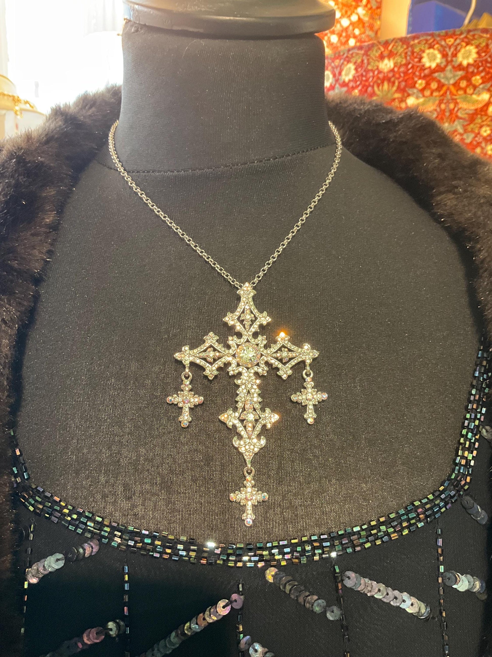 Vintage Butler and Wilson Silver Ornate Crystal Cross Statement Pendant