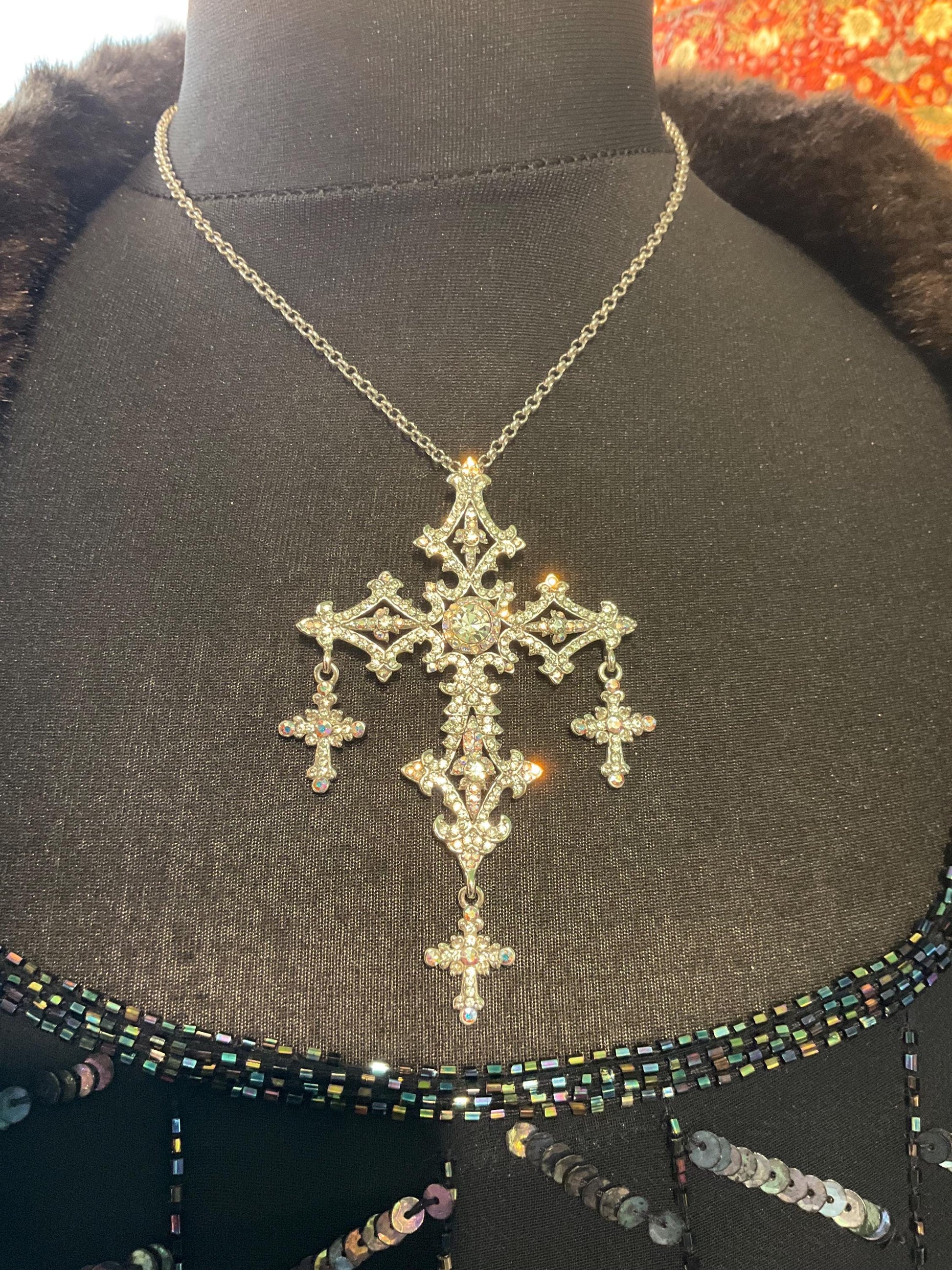 Vintage Butler and Wilson Silver Ornate Crystal Cross Statement Pendant