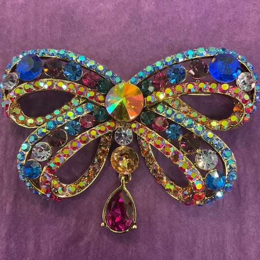 Vintage Butler and Wilson Statement Rainbow Crystal Bow Brooch, Gold tone with multicoloured crystals and Borealis rhinestones