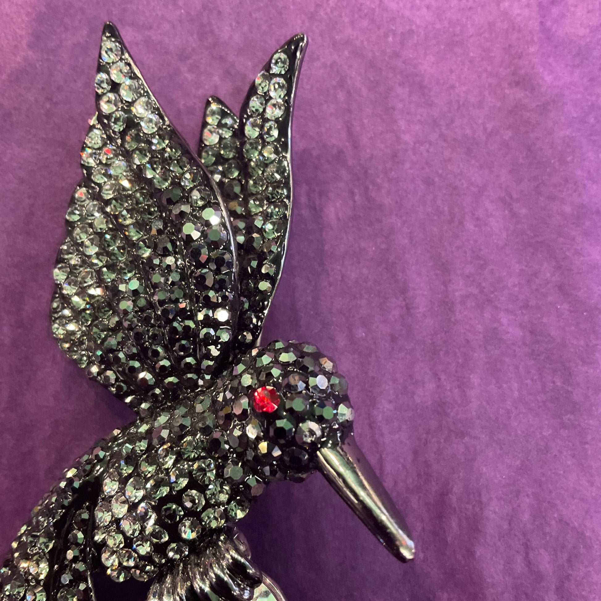 Vintage Butler and Wilson Large Hummingbird Crystal Brooch, Dark Pewter tone with ombré black and silver rhinestones