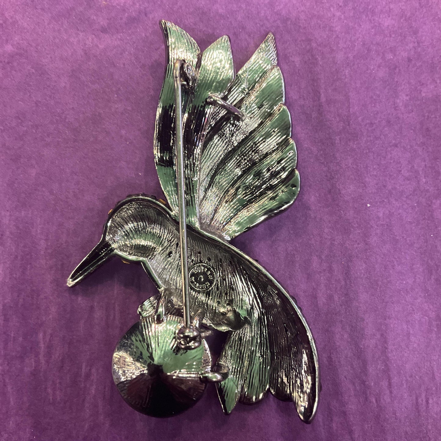 Vintage Butler and Wilson Large Hummingbird Crystal Brooch, Dark Pewter tone with ombré black and silver rhinestones