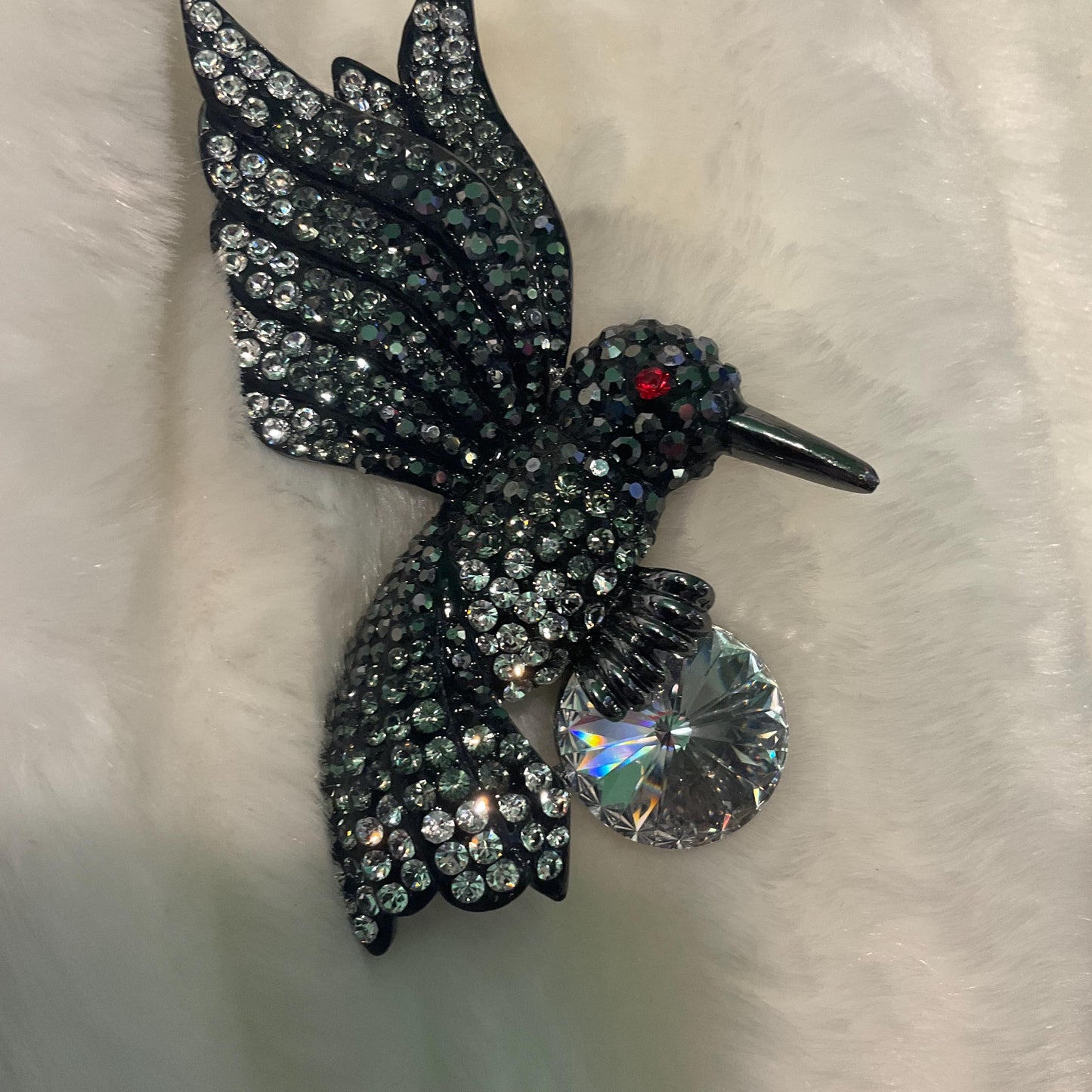 Vintage Butler and Wilson Large Hummingbird Crystal Brooch, Dark Pewter tone with ombré black and silver rhinestones
