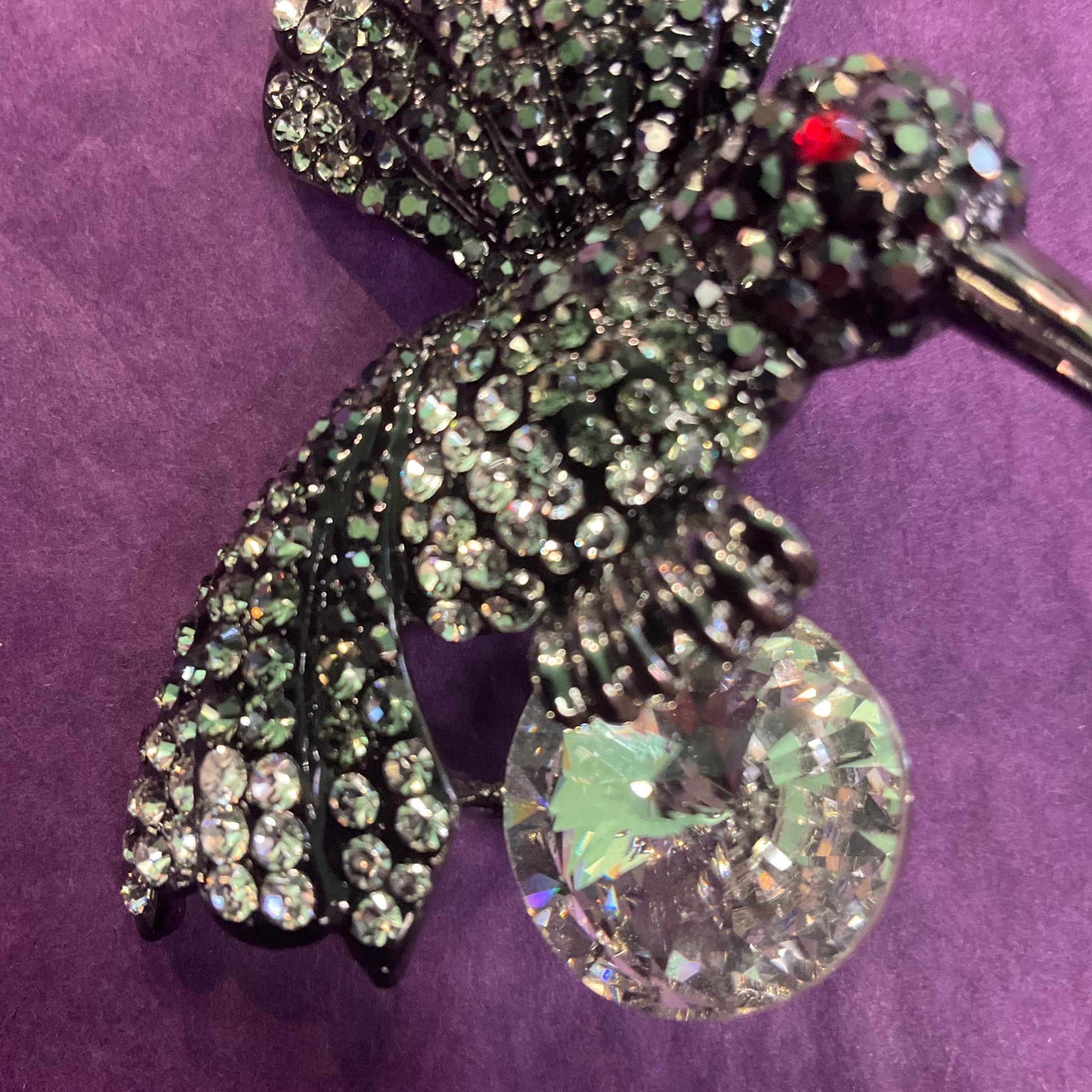 Vintage Butler and Wilson Large Hummingbird Crystal Brooch, Dark Pewter tone with ombré black and silver rhinestones