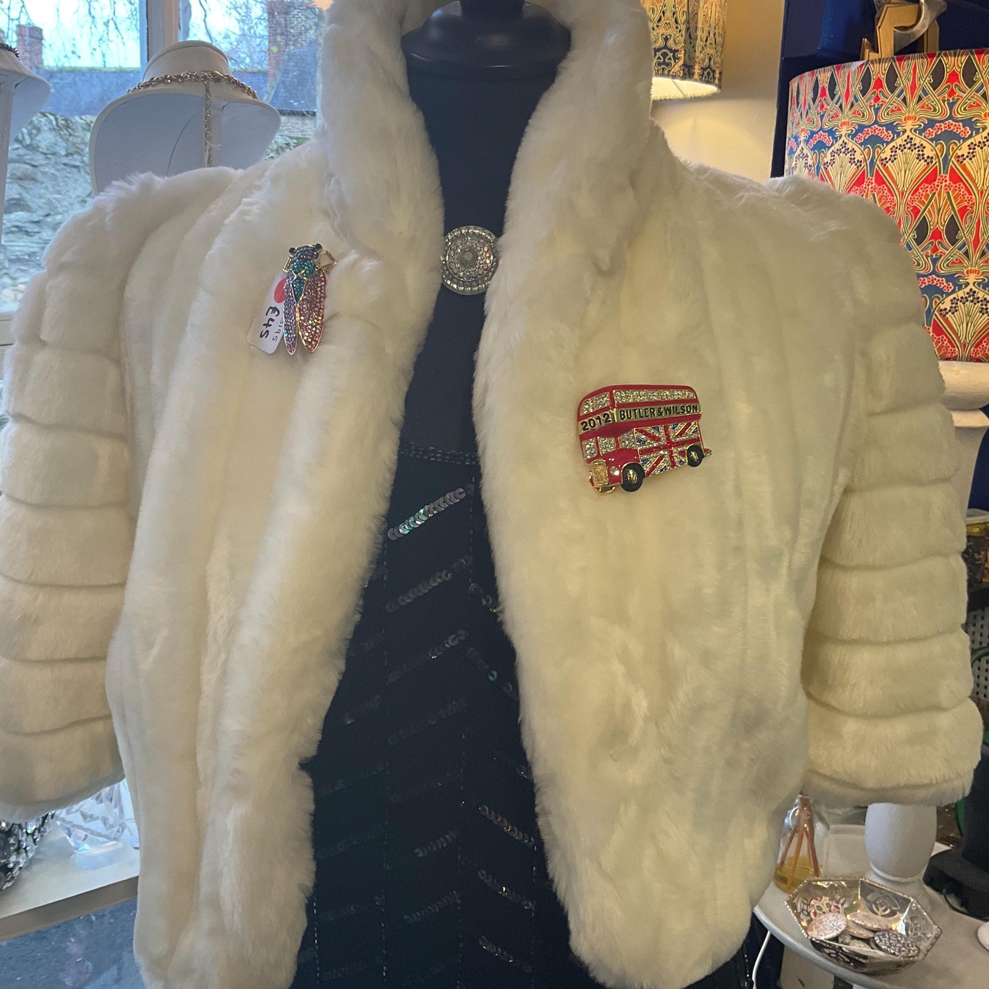 Vintage Butler and Wilson Large Union Jack London Bus Brooch, Gold Tone with Red and Black Enamel and rhinestone crystals