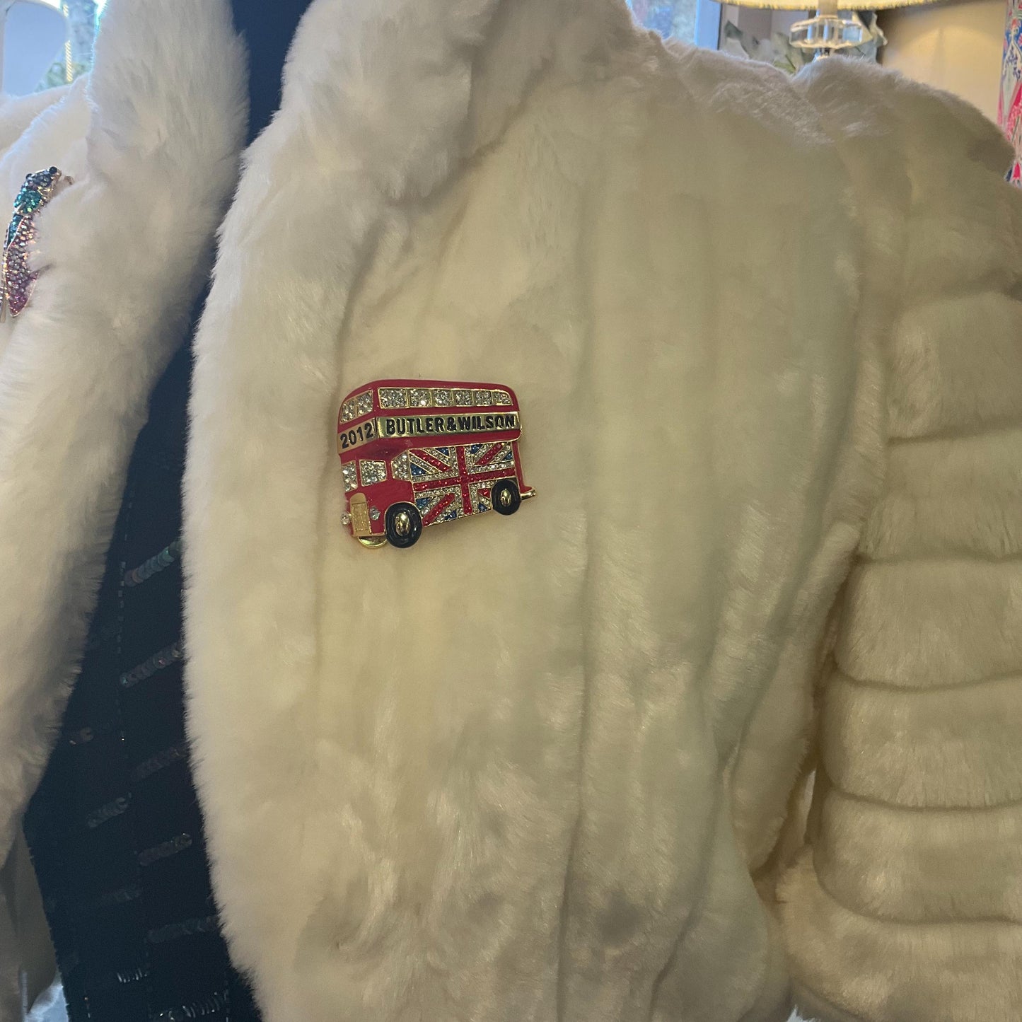 Vintage Butler and Wilson Large Union Jack London Bus Brooch, Gold Tone with Red and Black Enamel and rhinestone crystals