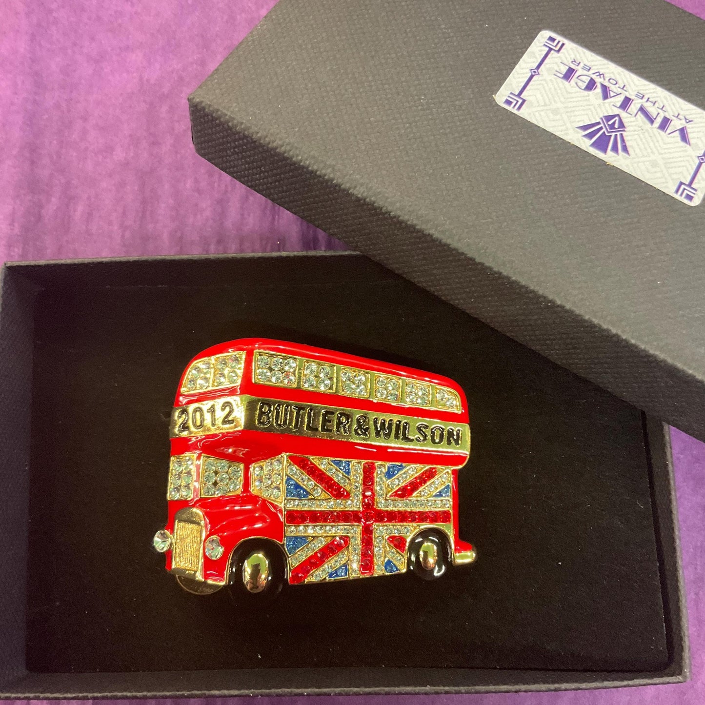 Vintage Butler and Wilson Large Union Jack London Bus Brooch, Gold Tone with Red and Black Enamel and rhinestone crystals