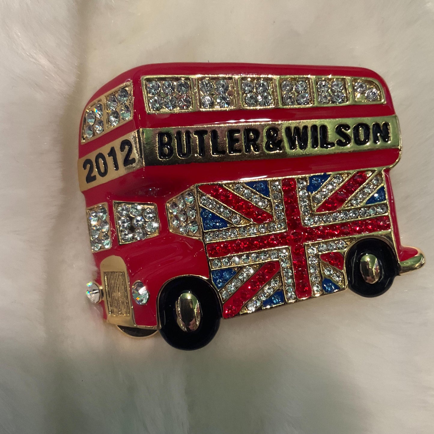 Vintage Butler and Wilson Large Union Jack London Bus Brooch, Gold Tone with Red and Black Enamel and rhinestone crystals