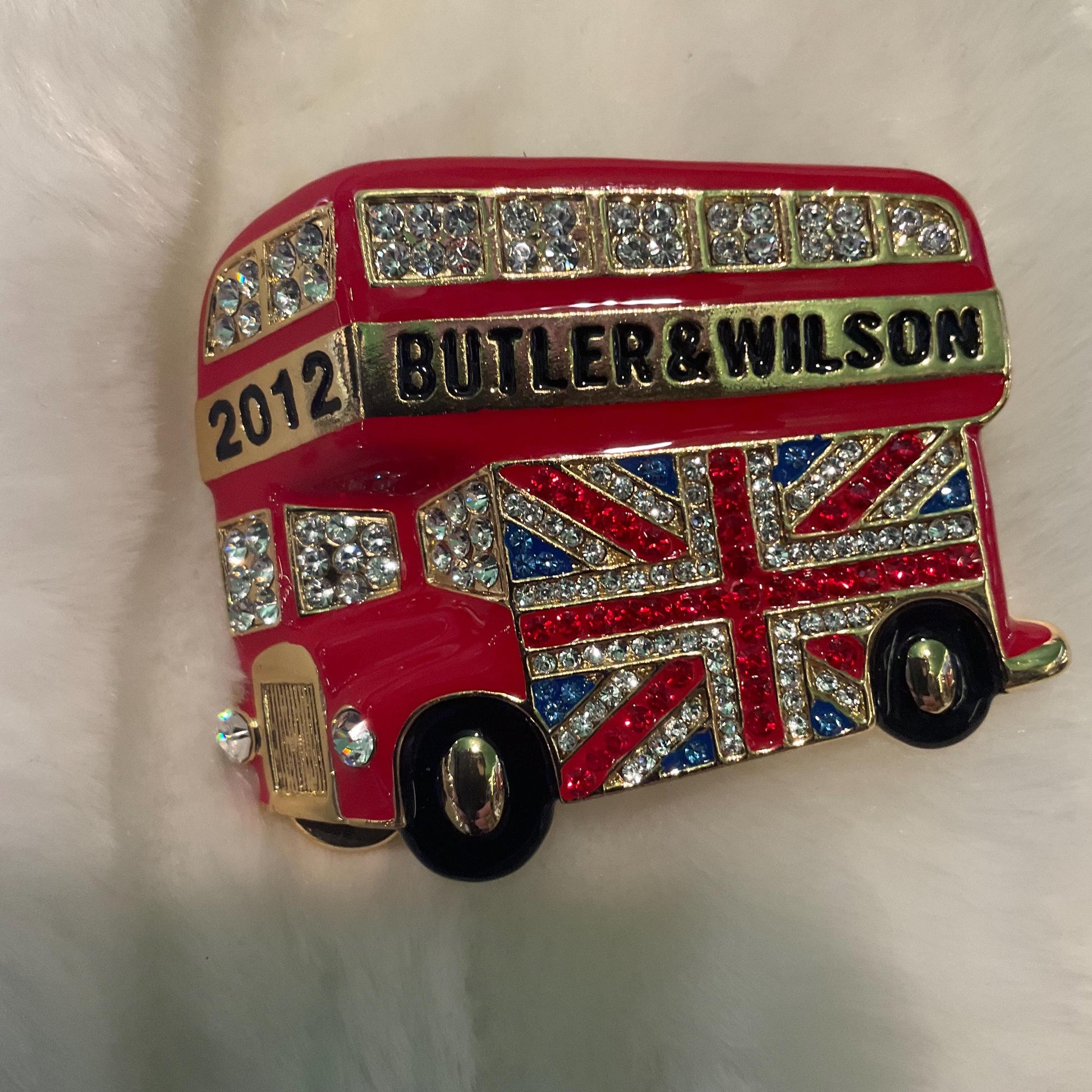 Vintage Butler and Wilson Large Union Jack London Bus Brooch, Gold Tone with Red and Black Enamel and rhinestone crystals