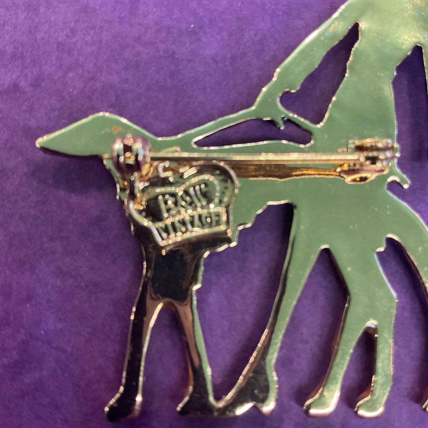 Vintage Butler and Wilson Large Art Deco Lady with Hoind Brooch, gold tone with colored lustre resin