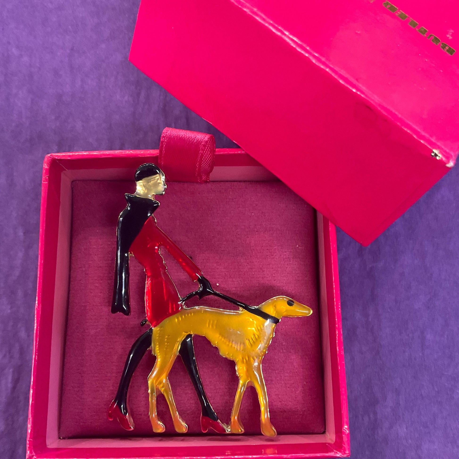 Vintage Butler and Wilson Large Art Deco Lady with Hoind Brooch, gold tone with colored lustre resin