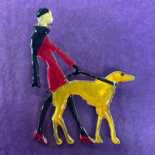 Vintage Butler and Wilson Large Art Deco Lady with Hoind Brooch, gold tone with colored lustre resin