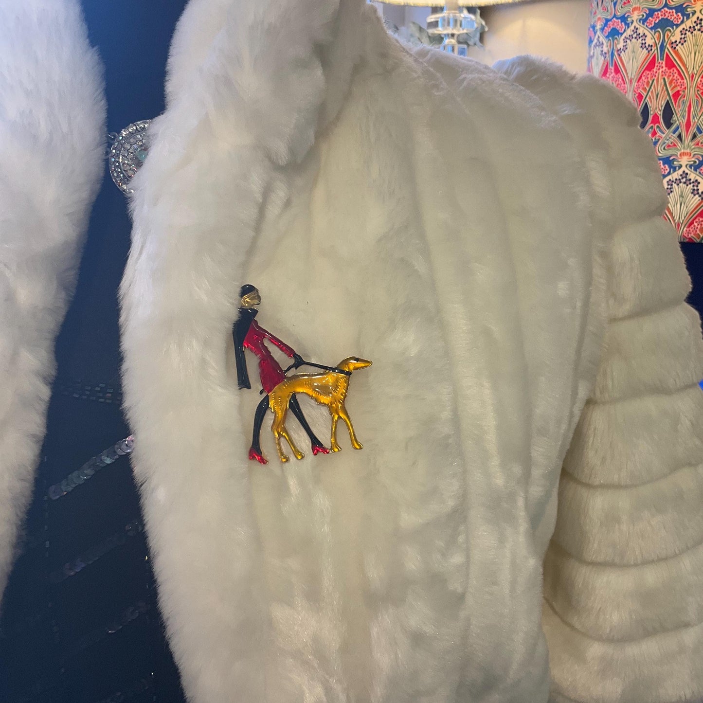 Vintage Butler and Wilson Large Art Deco Lady with Hoind Brooch, gold tone with colored lustre resin