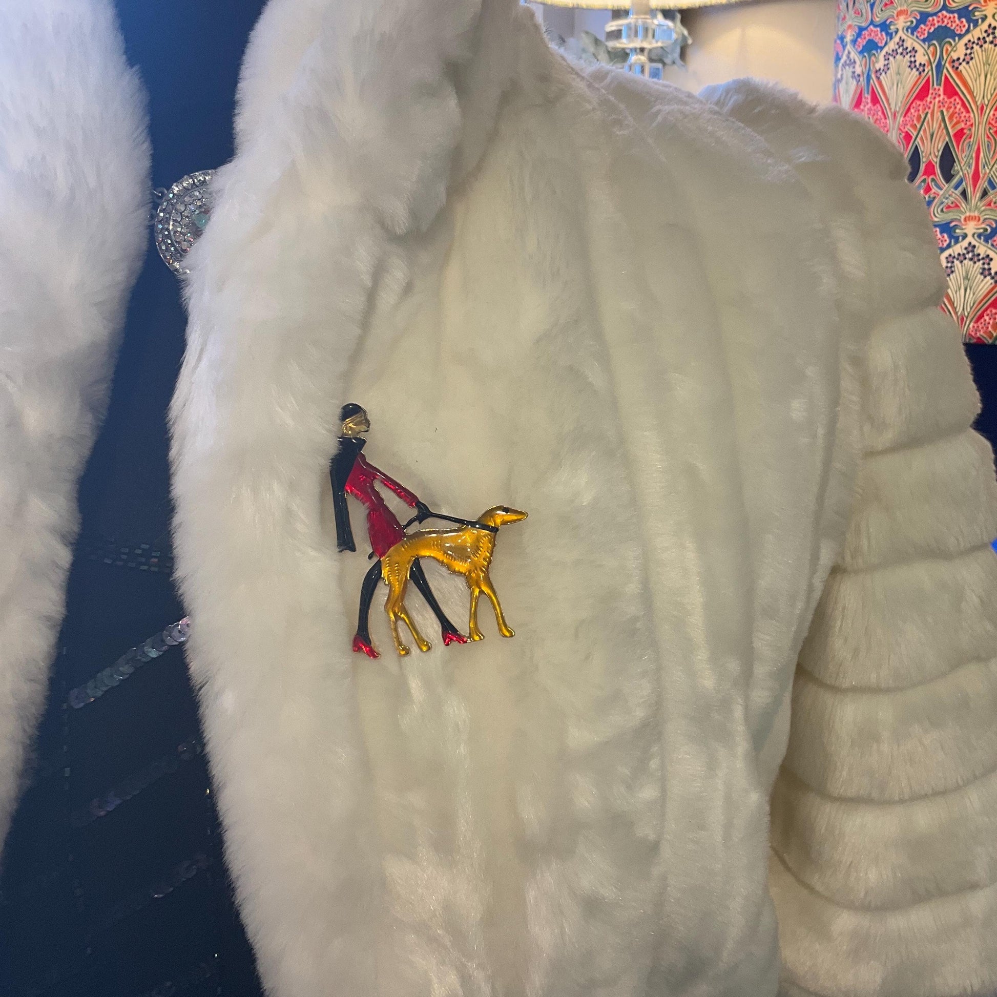 Vintage Butler and Wilson Large Art Deco Lady with Hoind Brooch, gold tone with colored lustre resin