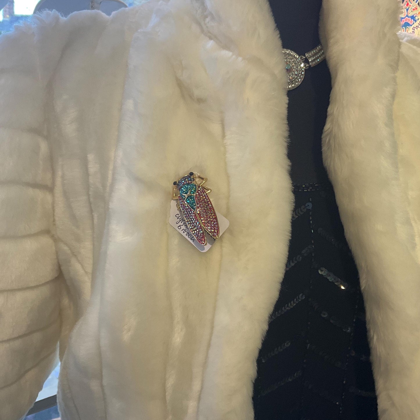 Vintage Butler and Wilson Rainbow Crystal Cicada Brooch, gold tone with multicoloured Borealis rhinestones