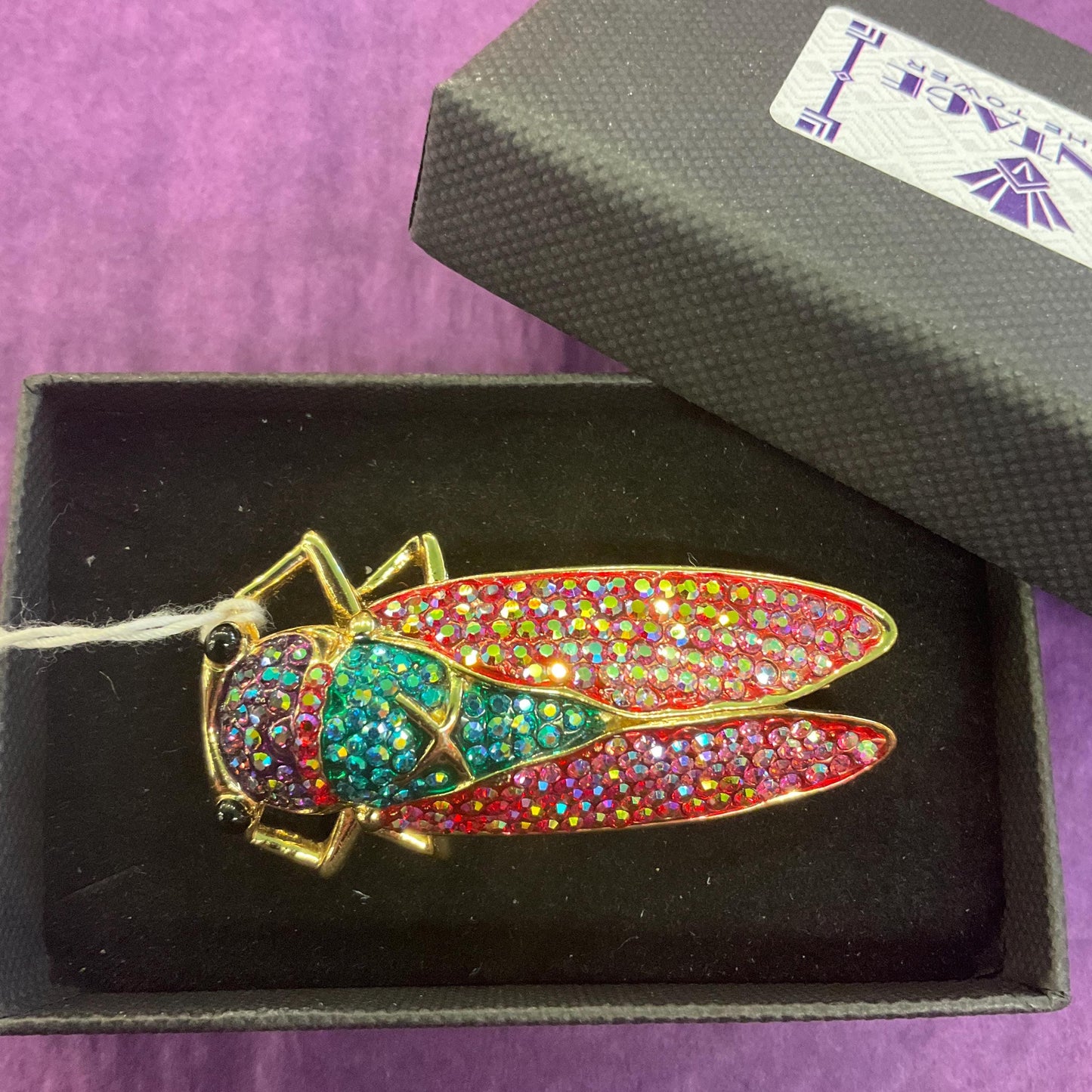 Vintage Butler and Wilson Rainbow Crystal Cicada Brooch, gold tone with multicoloured Borealis rhinestones