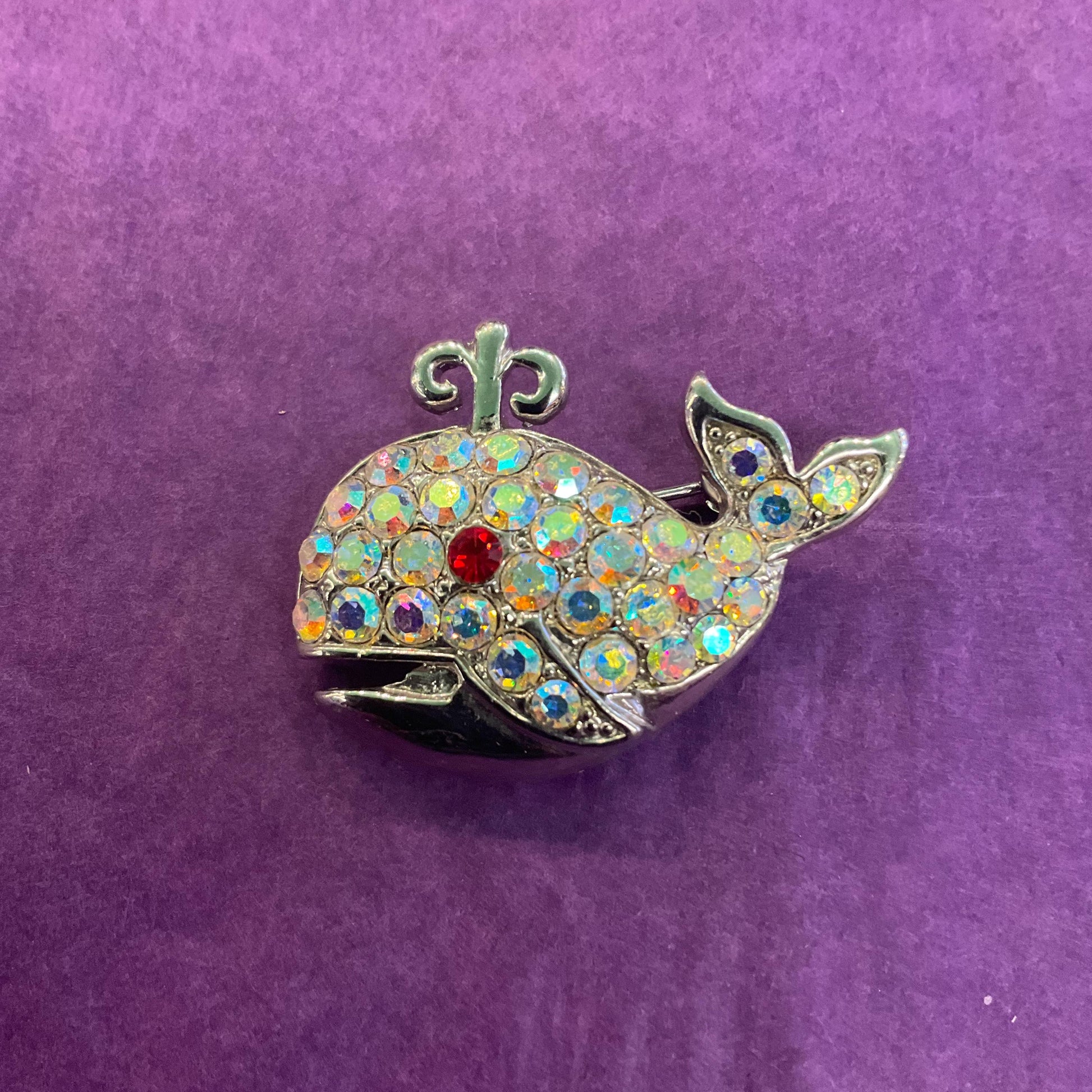Vintage Butler and Wilson Small Crystal Whale Brooch, Silver tone with Aurora Borealis Rhinestones