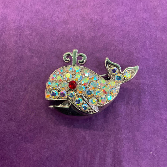 Vintage Butler and Wilson Small Crystal Whale Brooch, Silver tone with Aurora Borealis Rhinestones