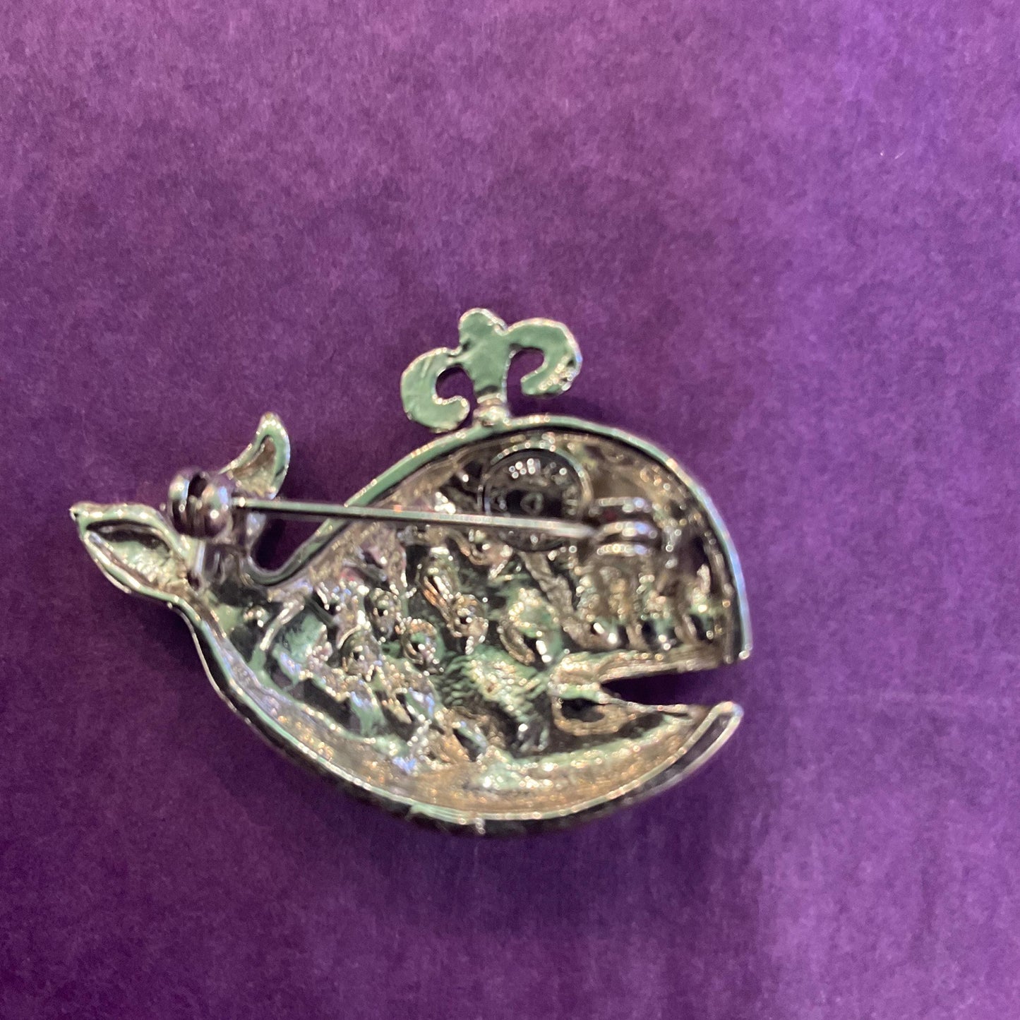 Vintage Butler and Wilson Small Crystal Whale Brooch, Silver tone with Aurora Borealis Rhinestones