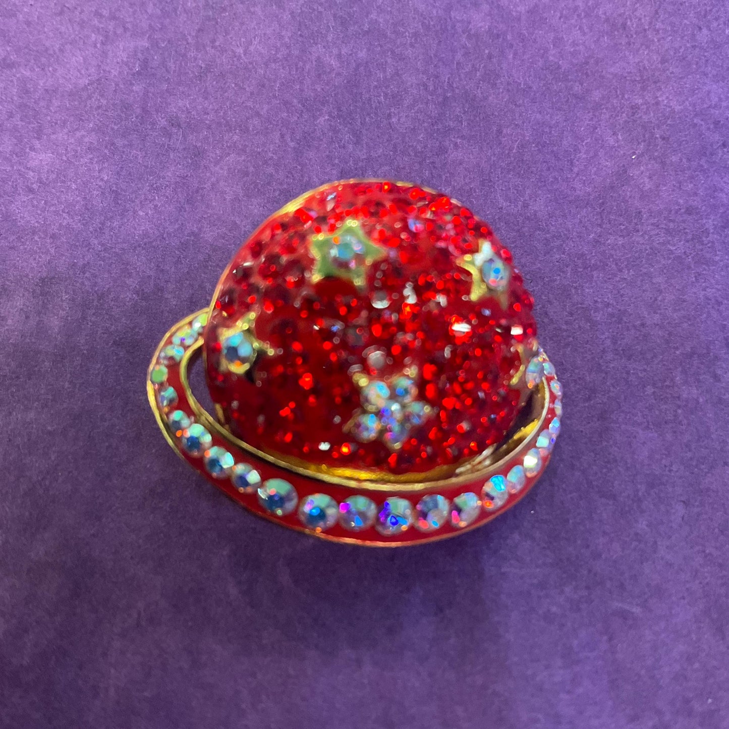 Vintage Butler and Wilson Celestial Planet Crystal Lapel Pin, Gold tone with red and Borealis rhinestones