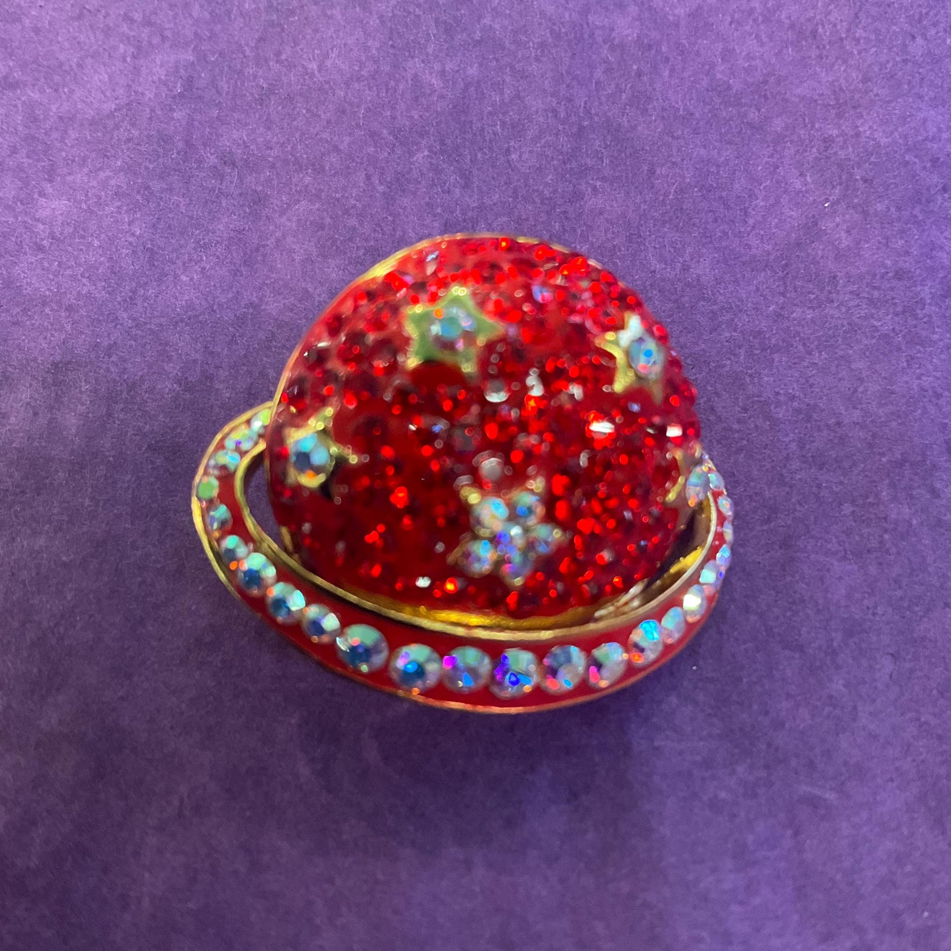 Vintage Butler and Wilson Celestial Planet Crystal Lapel Pin, Gold tone with red and Borealis rhinestones
