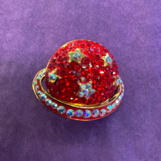 Vintage Butler and Wilson Celestial Planet Crystal Lapel Pin, Gold tone with red and Borealis rhinestones