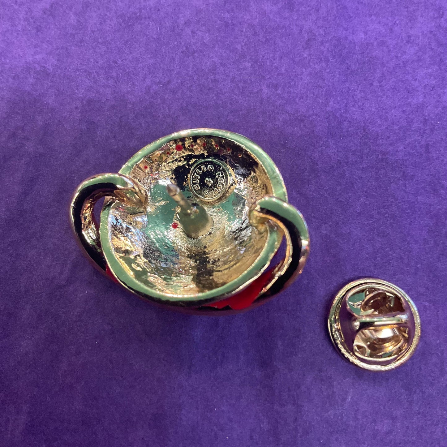 Vintage Butler and Wilson Celestial Planet Crystal Lapel Pin, Gold tone with red and Borealis rhinestones