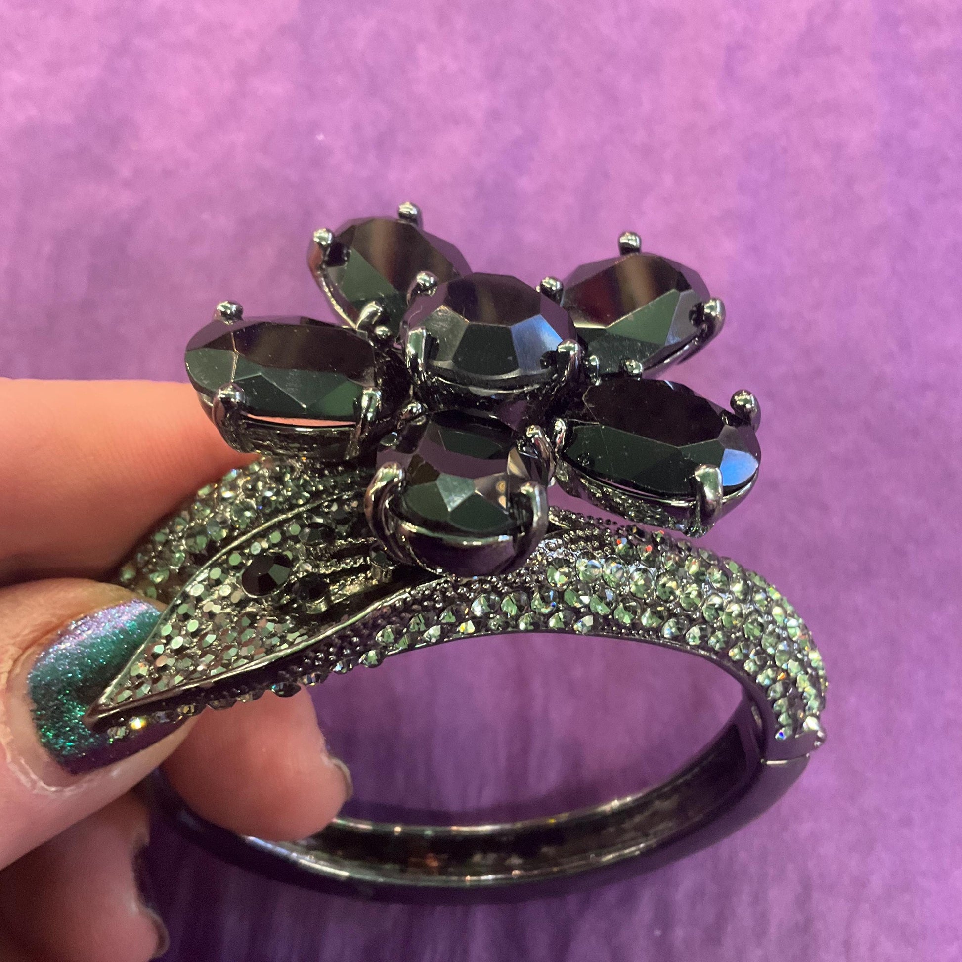 Vintage Butler and Wilson Statement Black Crystal Flower Bangle, Dark pewter tone with faceted crystals and pewter rhinestones