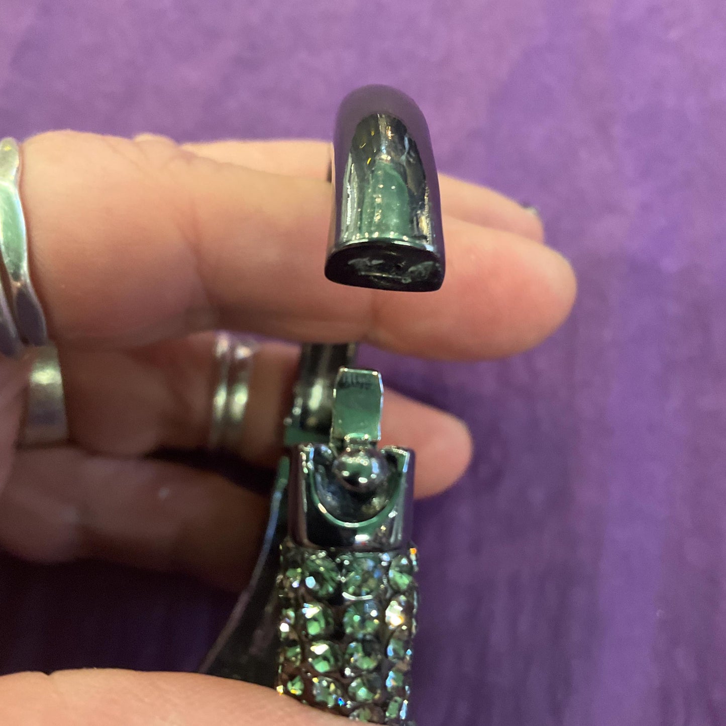 Vintage Butler and Wilson Statement Black Crystal Flower Bangle, Dark pewter tone with faceted crystals and pewter rhinestones