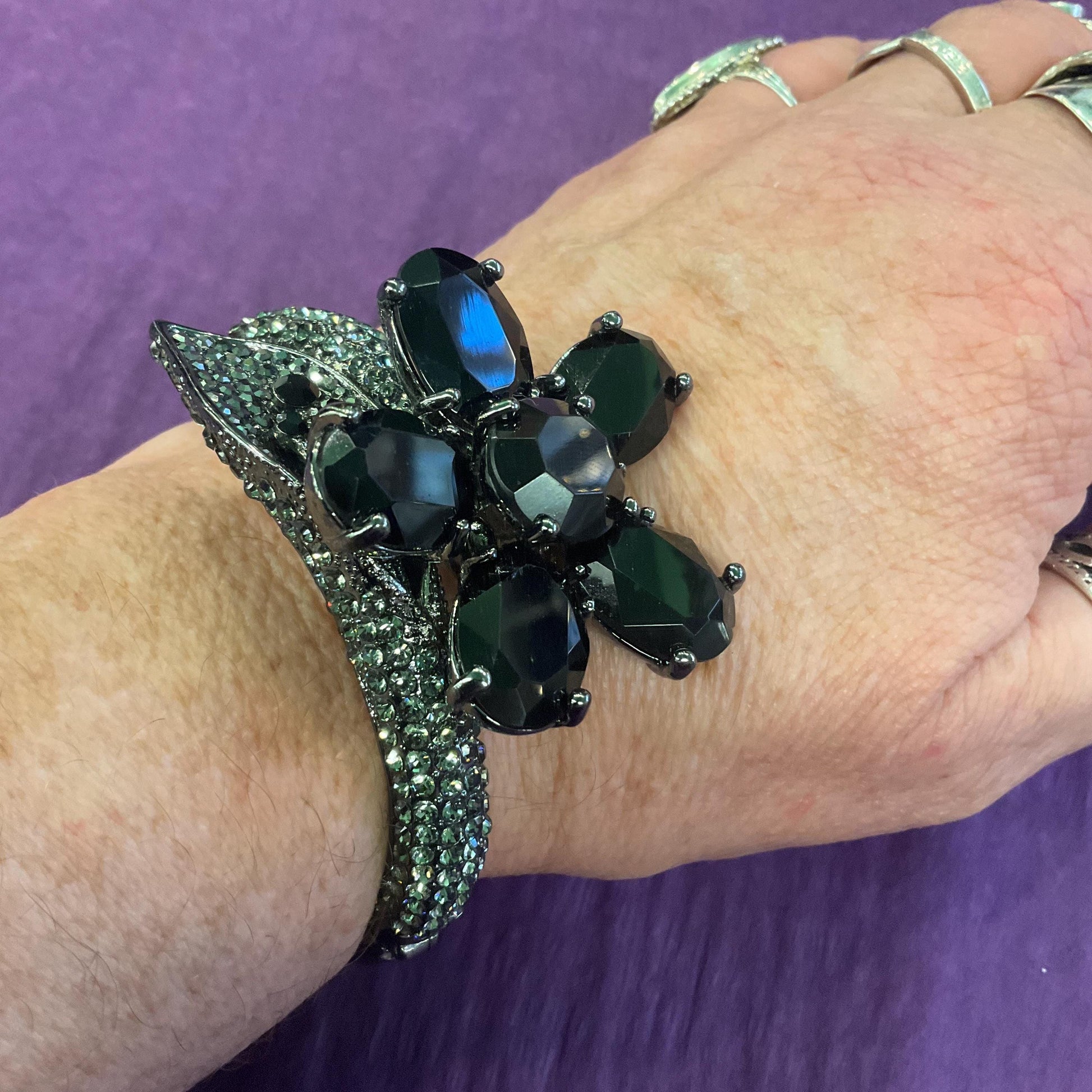 Vintage Butler and Wilson Statement Black Crystal Flower Bangle, Dark pewter tone with faceted crystals and pewter rhinestones