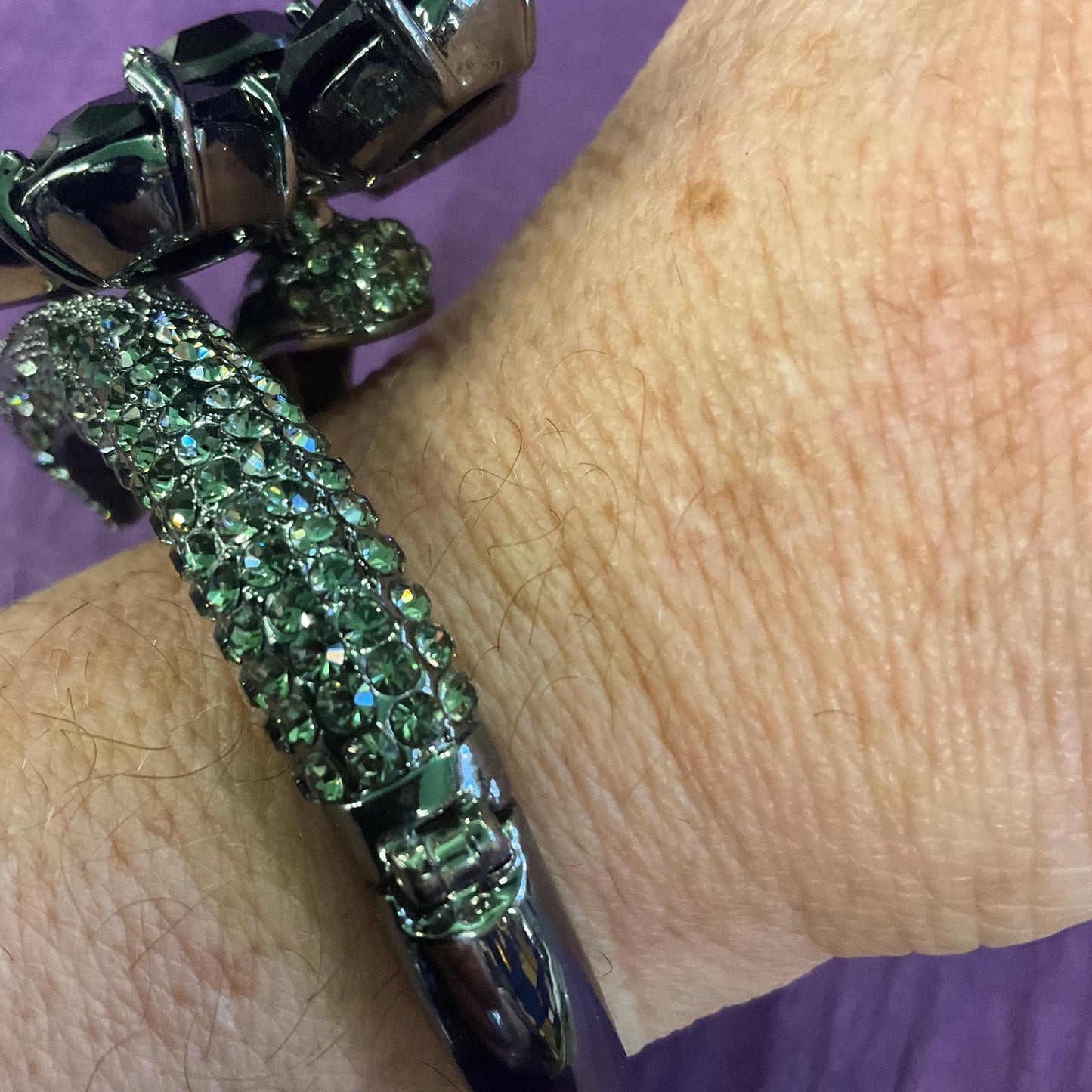 Vintage Butler and Wilson Statement Black Crystal Flower Bangle, Dark pewter tone with faceted crystals and pewter rhinestones