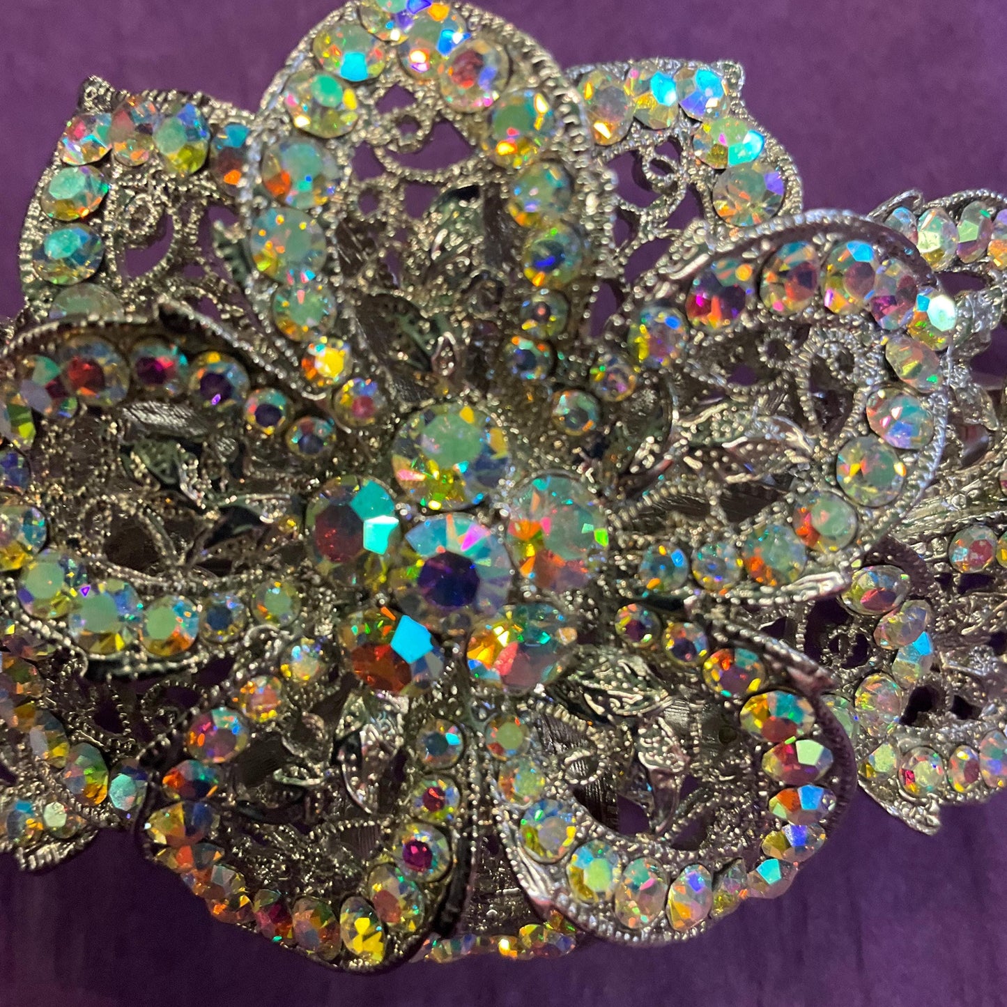 Vintage Butler and Wilson Statement Aurora Borealis Floral Barette Hair Clip, silver tone with rainbow rhinestones